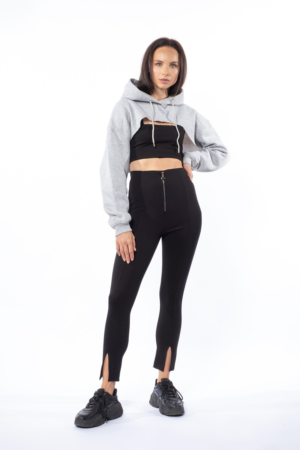 Siyah Fermuar Detaylı Paçaları Yırtmaçlı Toparlayıcı Kışlık Örme Tayt