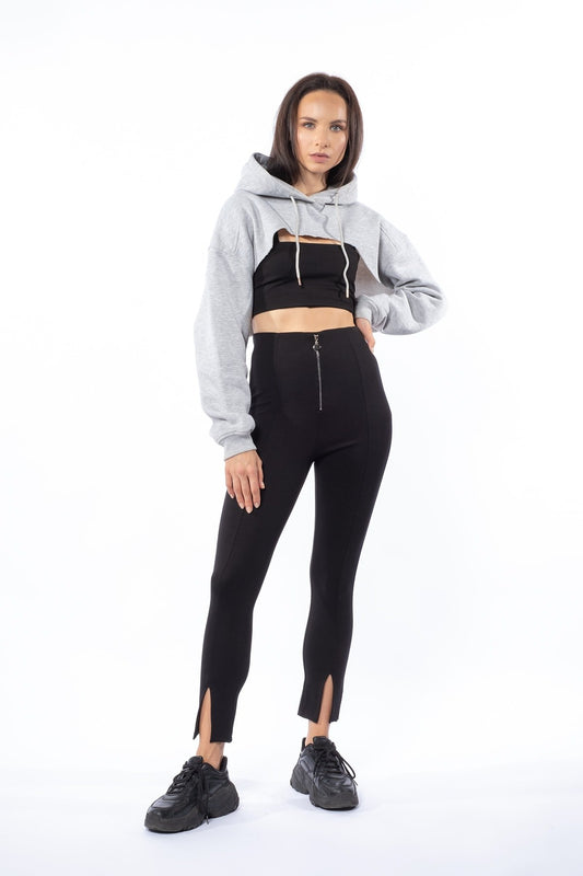 Siyah Fermuar Detaylı Paçaları Yırtmaçlı Toparlayıcı Kışlık Örme Tayt