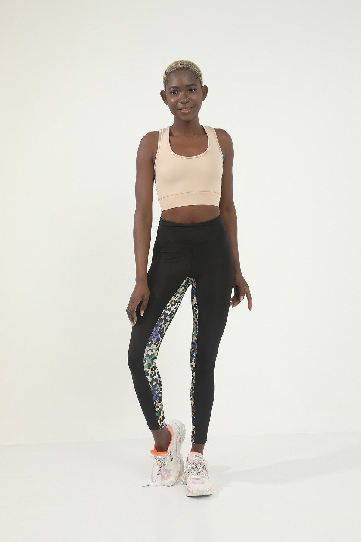 Siyah Iç Bacak Pembe Leopar Dijital Baskılı Yüksek Bel Toparlayıcı Tayt