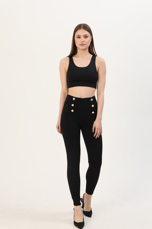 Gold Düğme Önde Dikiş Detaylı Yüksek Bel Çelik Örme  İnterlok Tayt