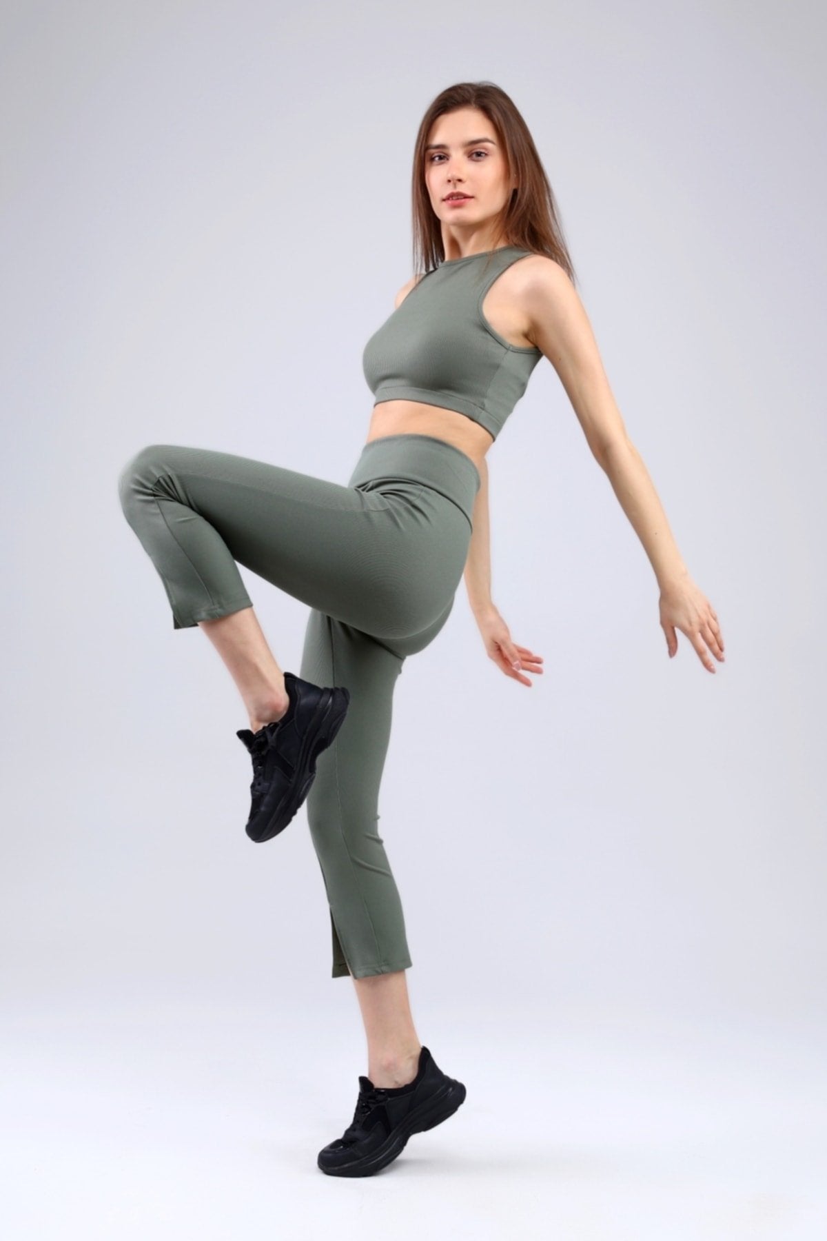 Lacivert Fitilli Kısa Paça Ön Yırtmaçlı Yüksek Bel Toparlayıcı Tayt