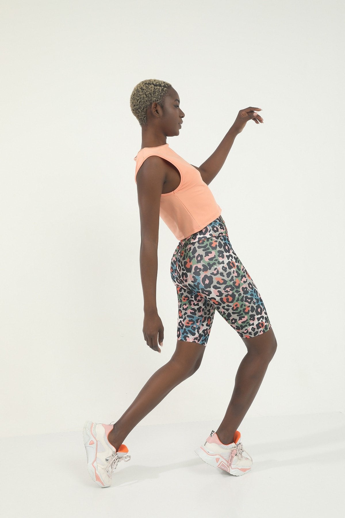 Turuncu Mixed Desen Dijital Baskılı Yüksek Bel Toparlayıcı Biker Tayt