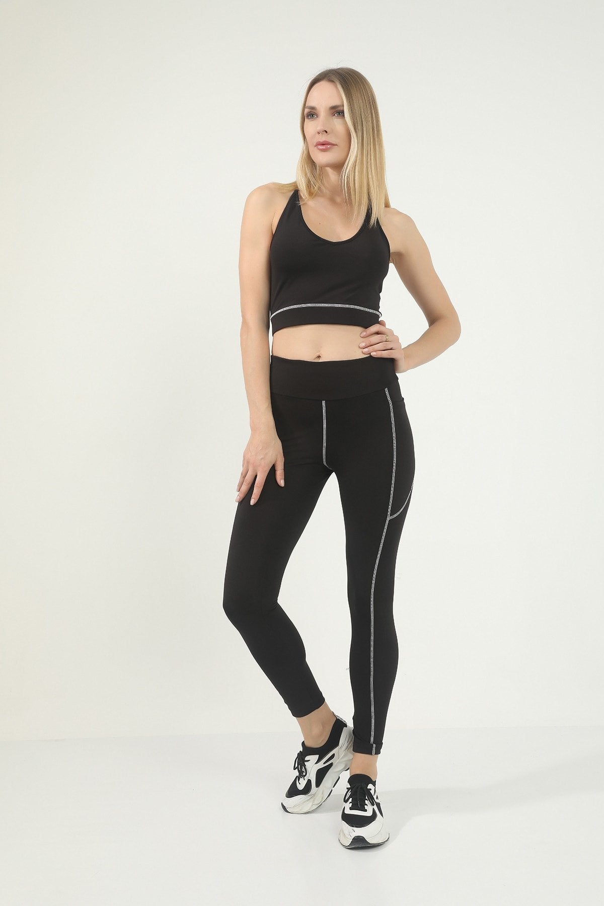 Antrasit Yeşil Karyoka Dikişli Cep Detaylı Yüksek Bel Toparlayıcı Tayt