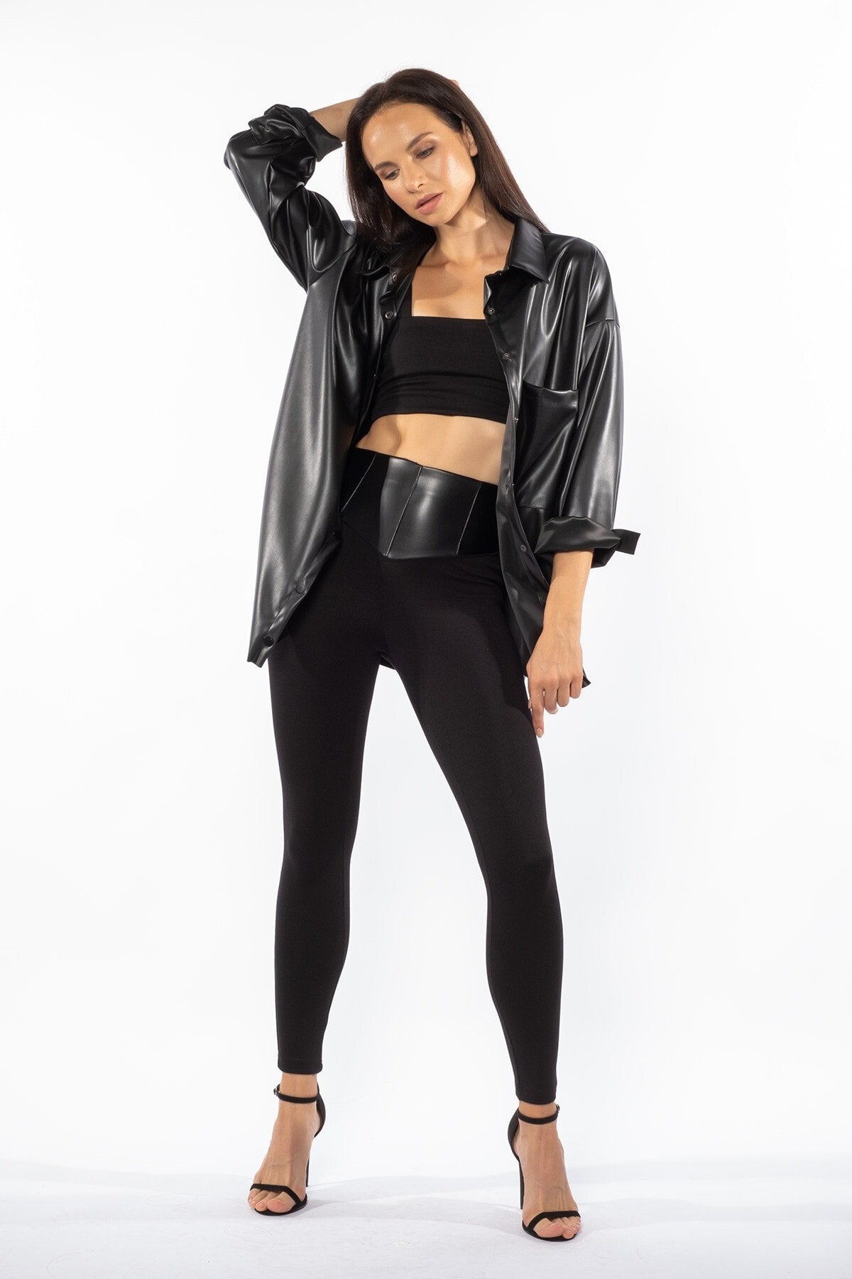 Siyah Kemeri Deri Detaylı Yüksek Bel Kışlık Örme Toparlayıcı Tayt