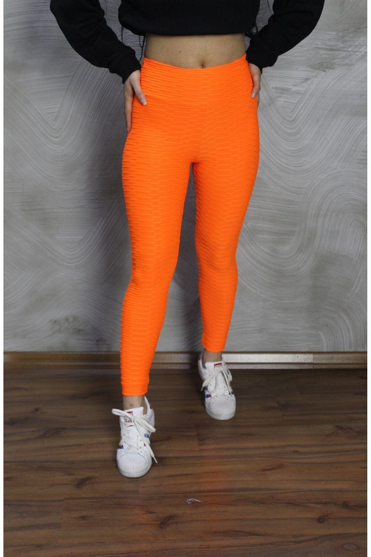 Neon Turuncu Yüksek Bel Petekli Tayt