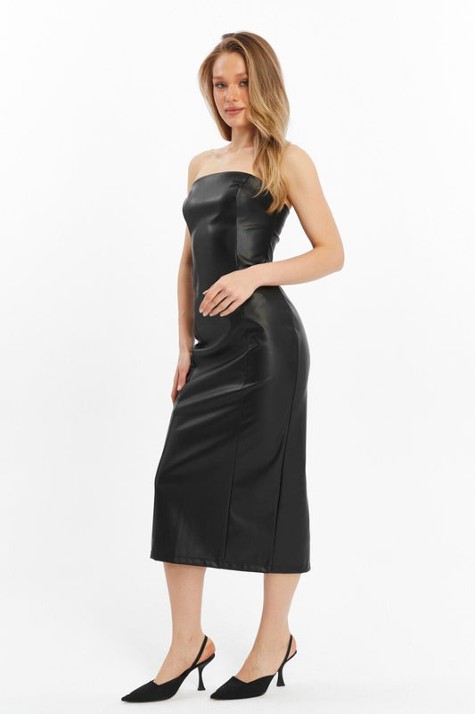 Siyah Straplez Suni Deri  Midi Elbise