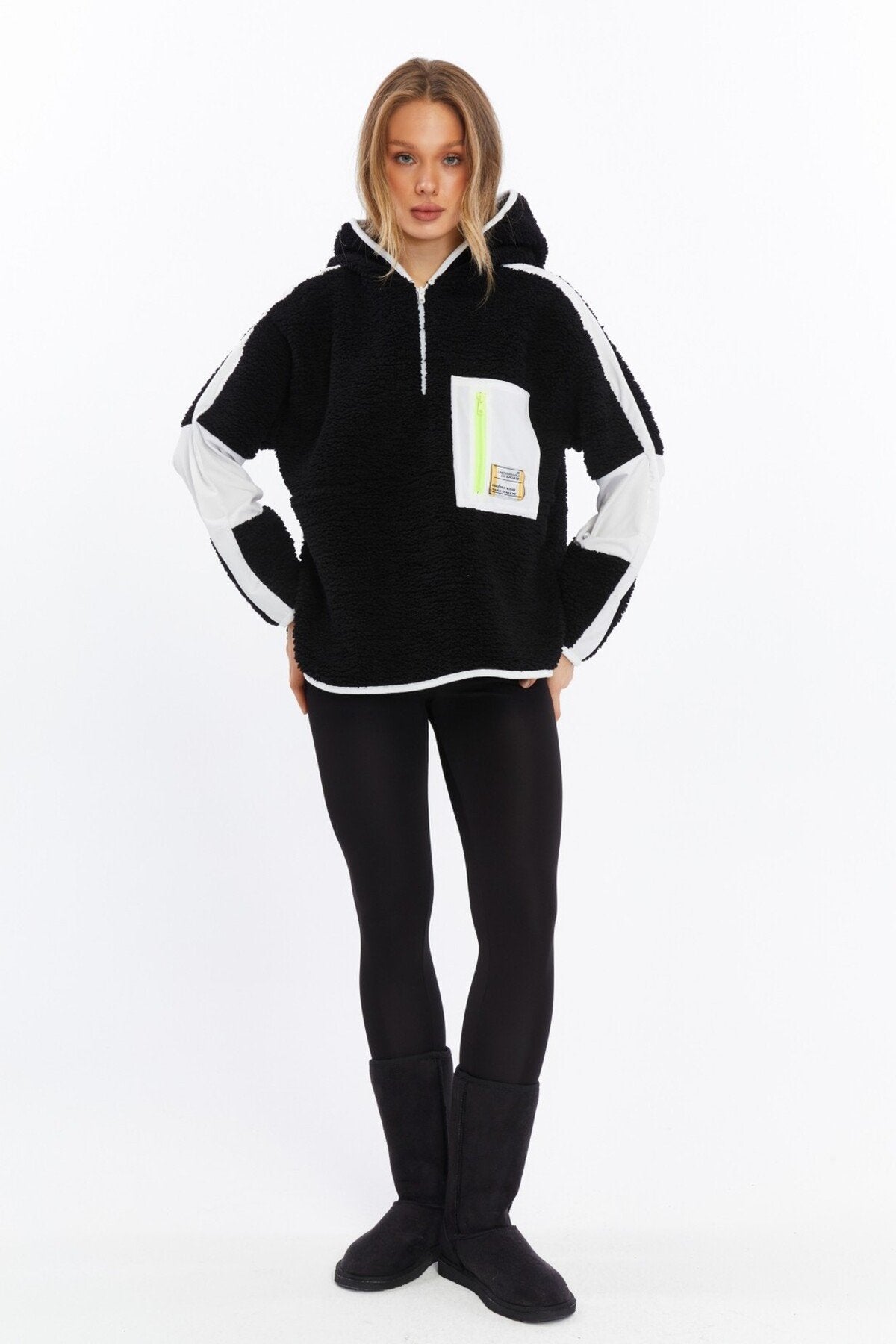 Peluş Renk Bloklu Oversize Paraşüt Kumaş Detaylı Örme Spor Sweatshirt