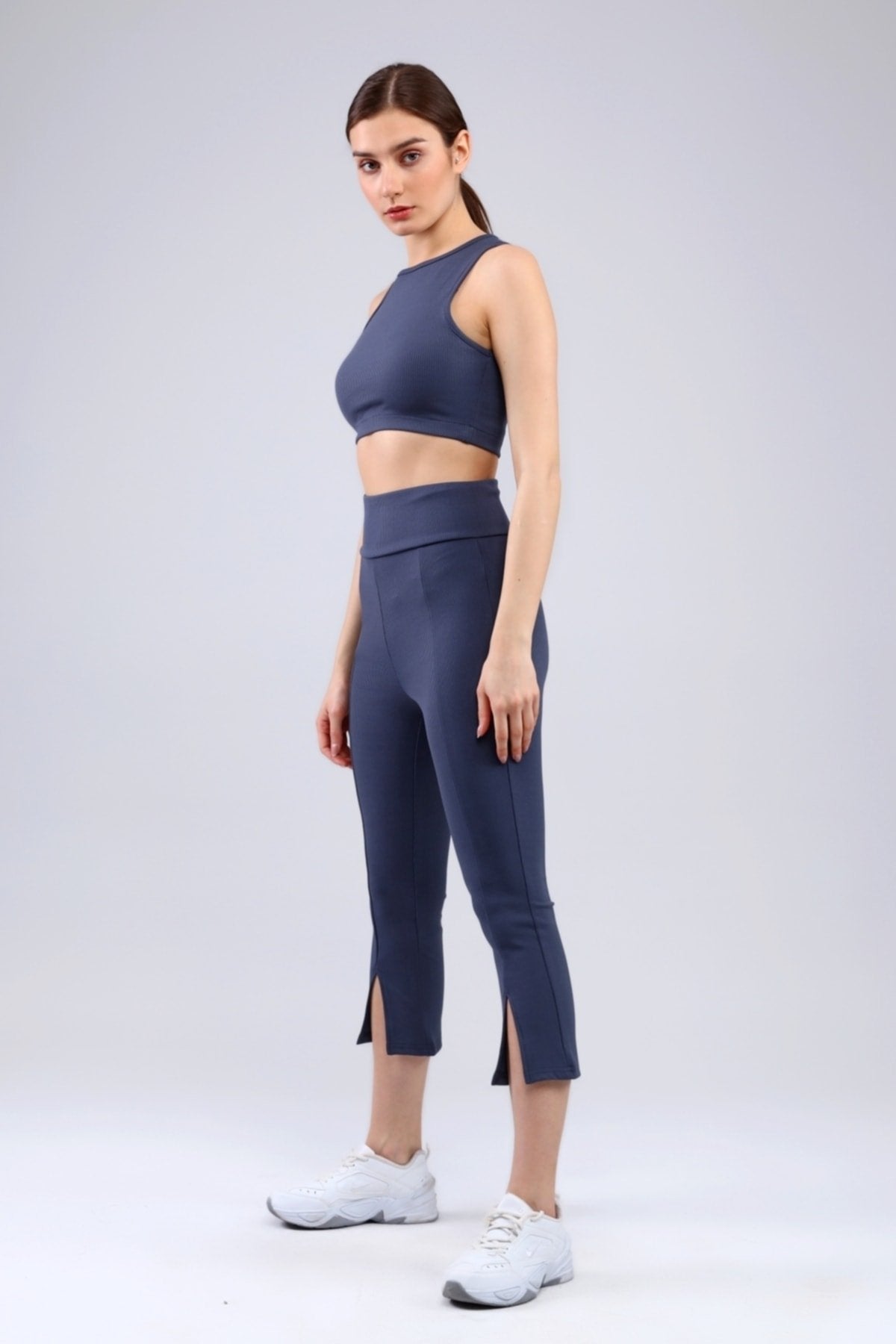 Lacivert Fitilli Kısa Paça Ön Yırtmaçlı Yüksek Bel Toparlayıcı Tayt