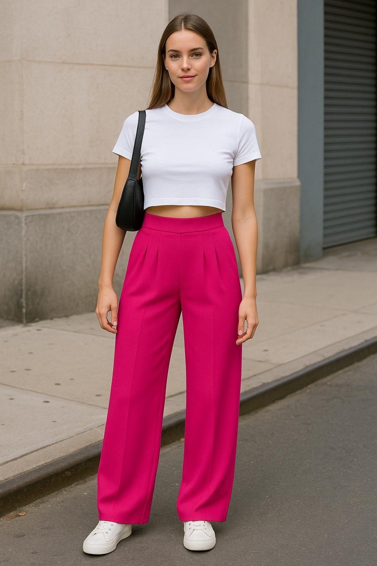 Fuşya Pileli Bol Paça Yüksek Bel Pantolon Tayt