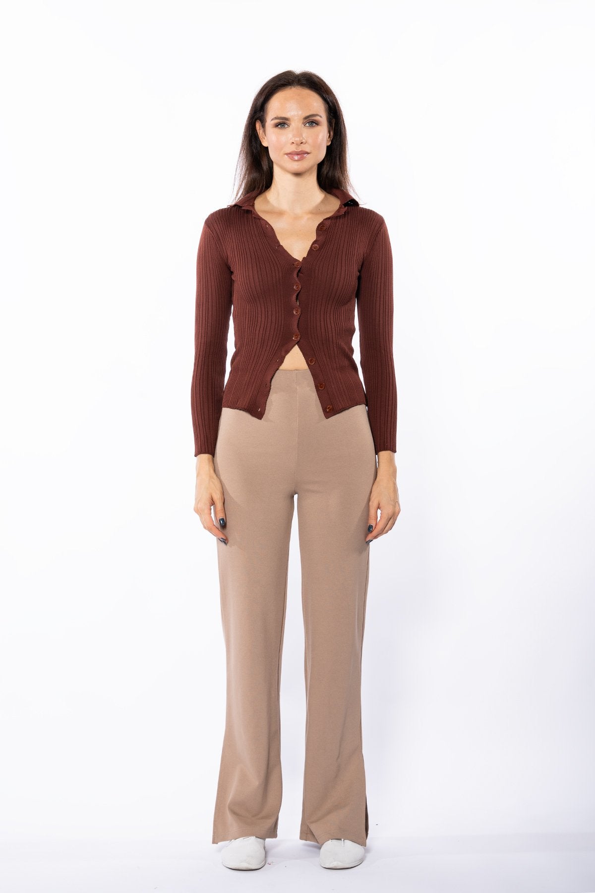 Bej Yüksek Bel Yan Yırtmaçlı Ispanyol Paça Toparlayıcı Tayt