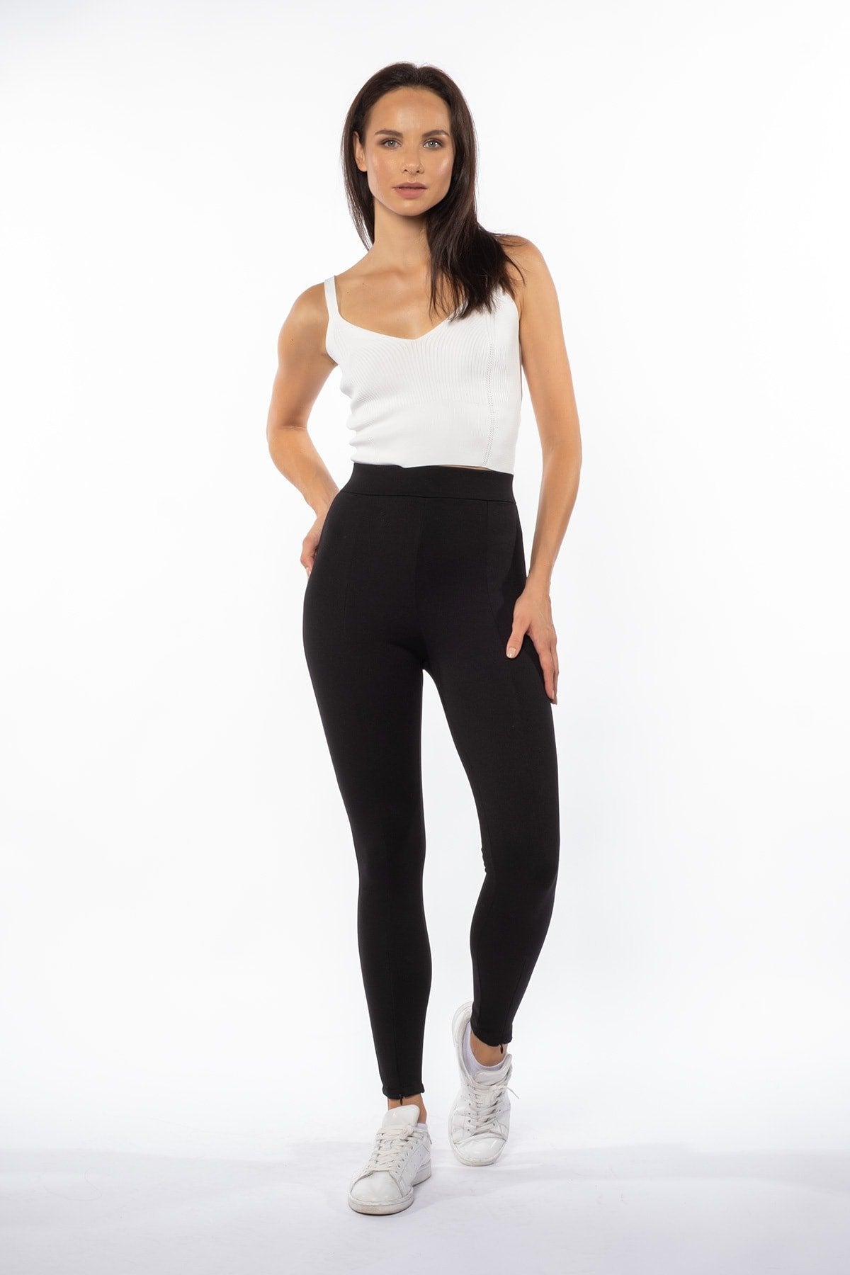 Siyah Ön Paça Gizli Fermuar Detaylı Yüksek Bel Toparlayıcı Kışlık Tayt