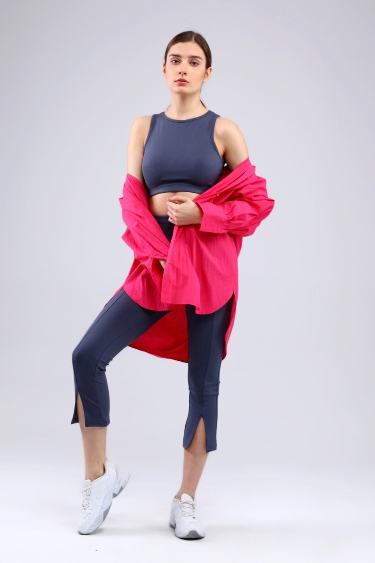 Lacivert Fitilli Kısa Paça Ön Yırtmaçlı Yüksek Bel Toparlayıcı Tayt