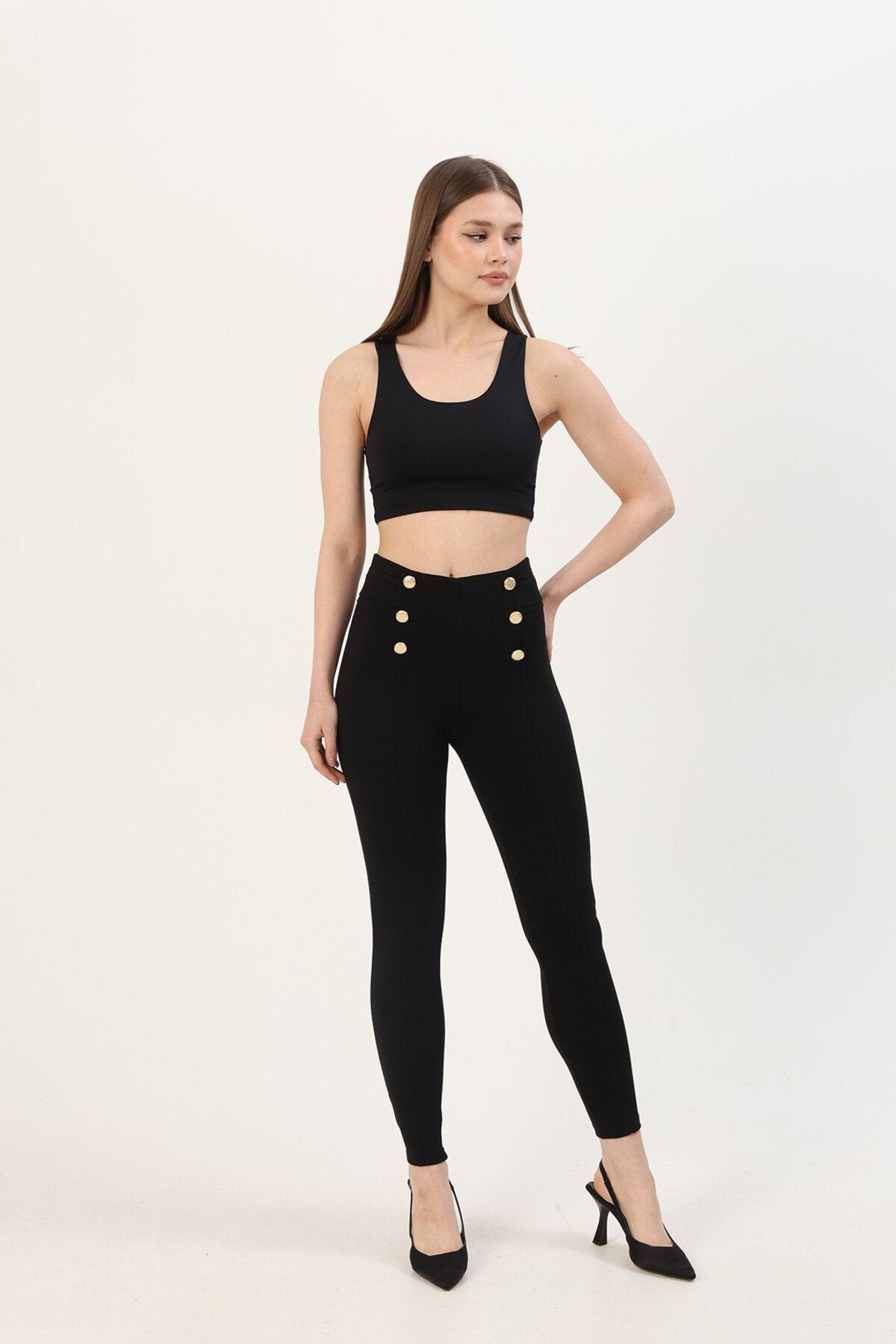 Gold Düğme Önde Dikiş Detaylı Yüksek Bel Çelik Örme  İnterlok Tayt