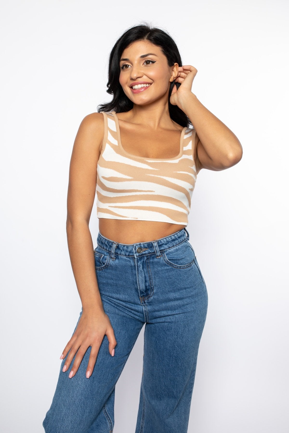 Siyah/beyaz Zebra Desen Detaylı Crop Triko Atlet