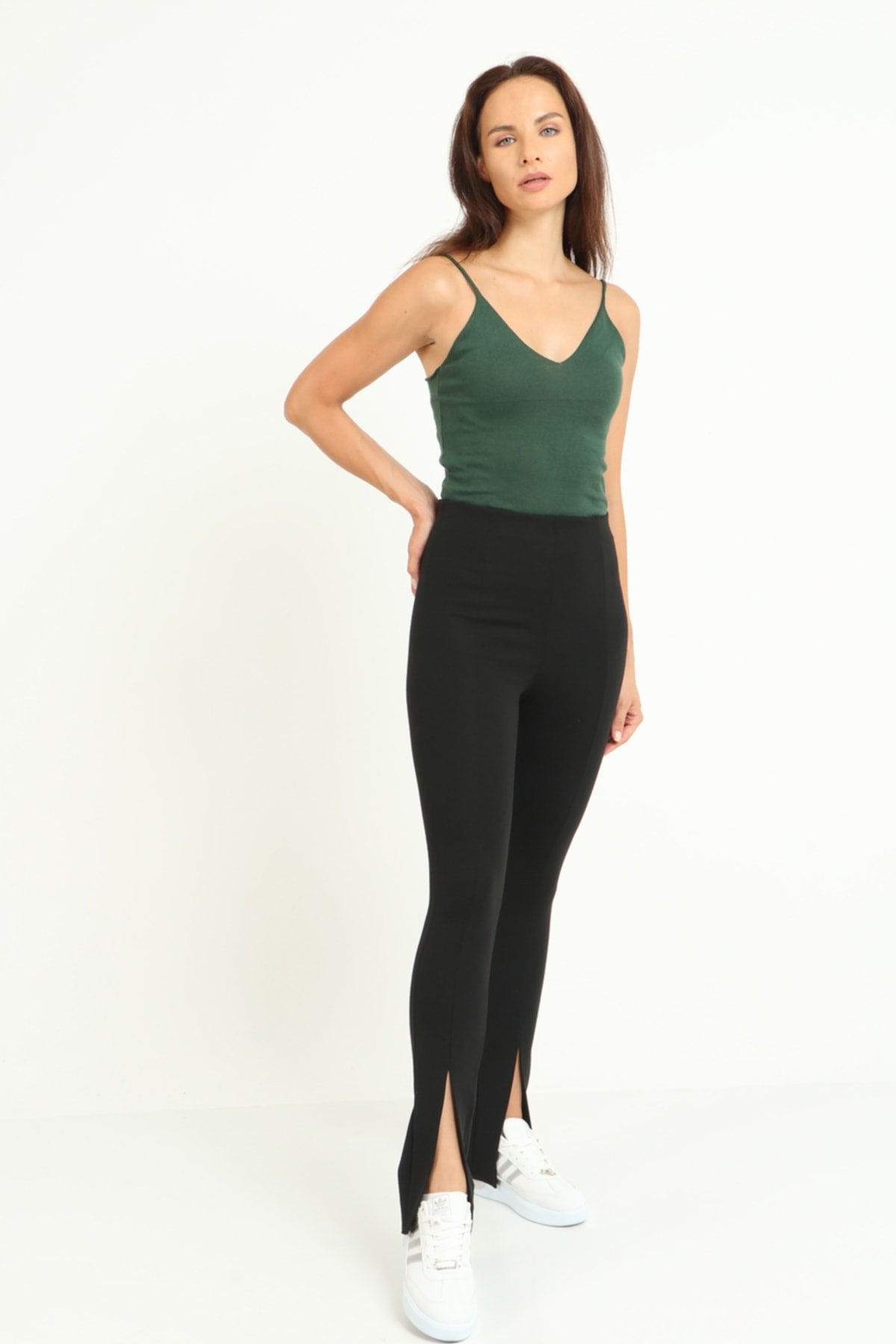 Bej Yüksek Bel Önü Yırtmaçlı Bol Paça Toparlayıcı Tayt