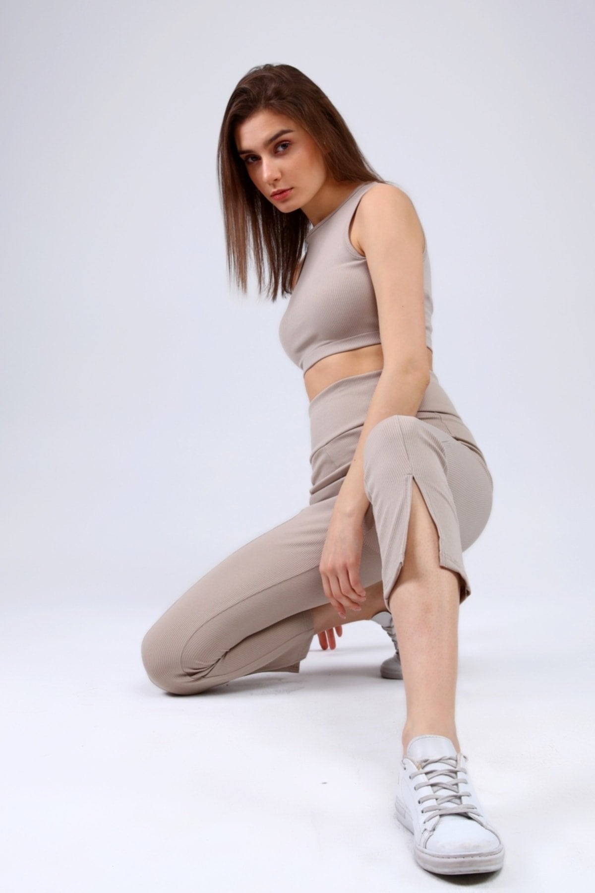 Lacivert Fitilli Kısa Paça Ön Yırtmaçlı Yüksek Bel Toparlayıcı Tayt