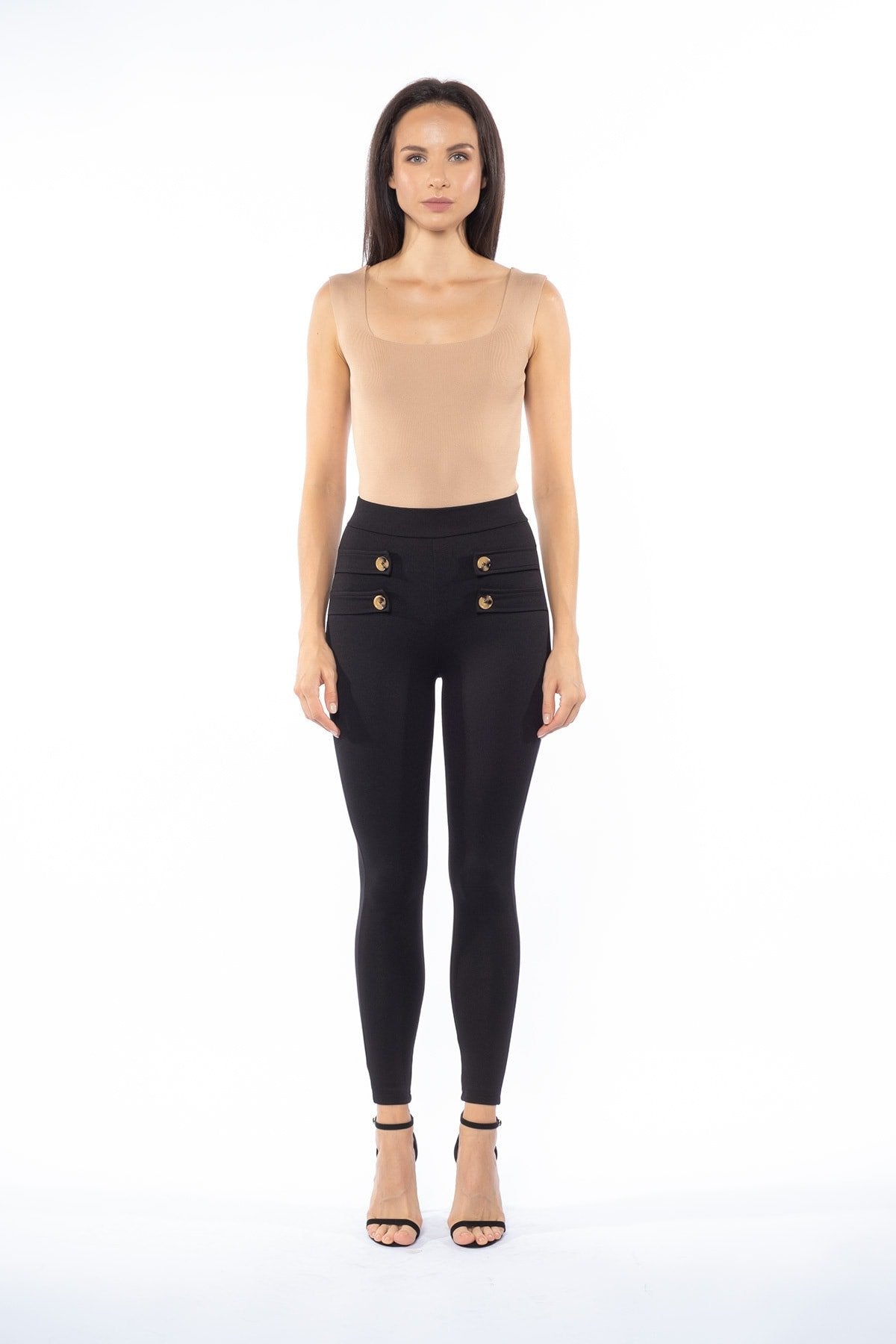 Siyah Apoletli Kemik Düğme Detaylı Yüksek Bel Toparlayıcı Kışlık Örme Tayt