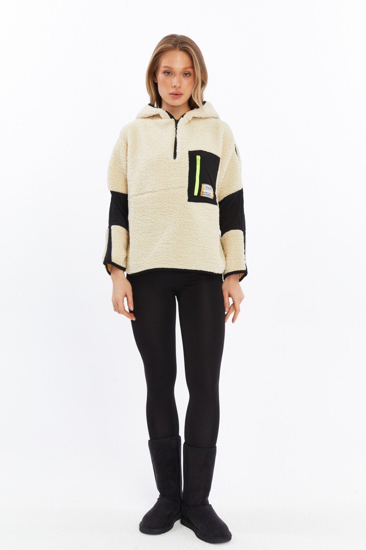 Peluş Renk Bloklu Oversize Paraşüt Kumaş Detaylı Örme Spor Sweatshirt