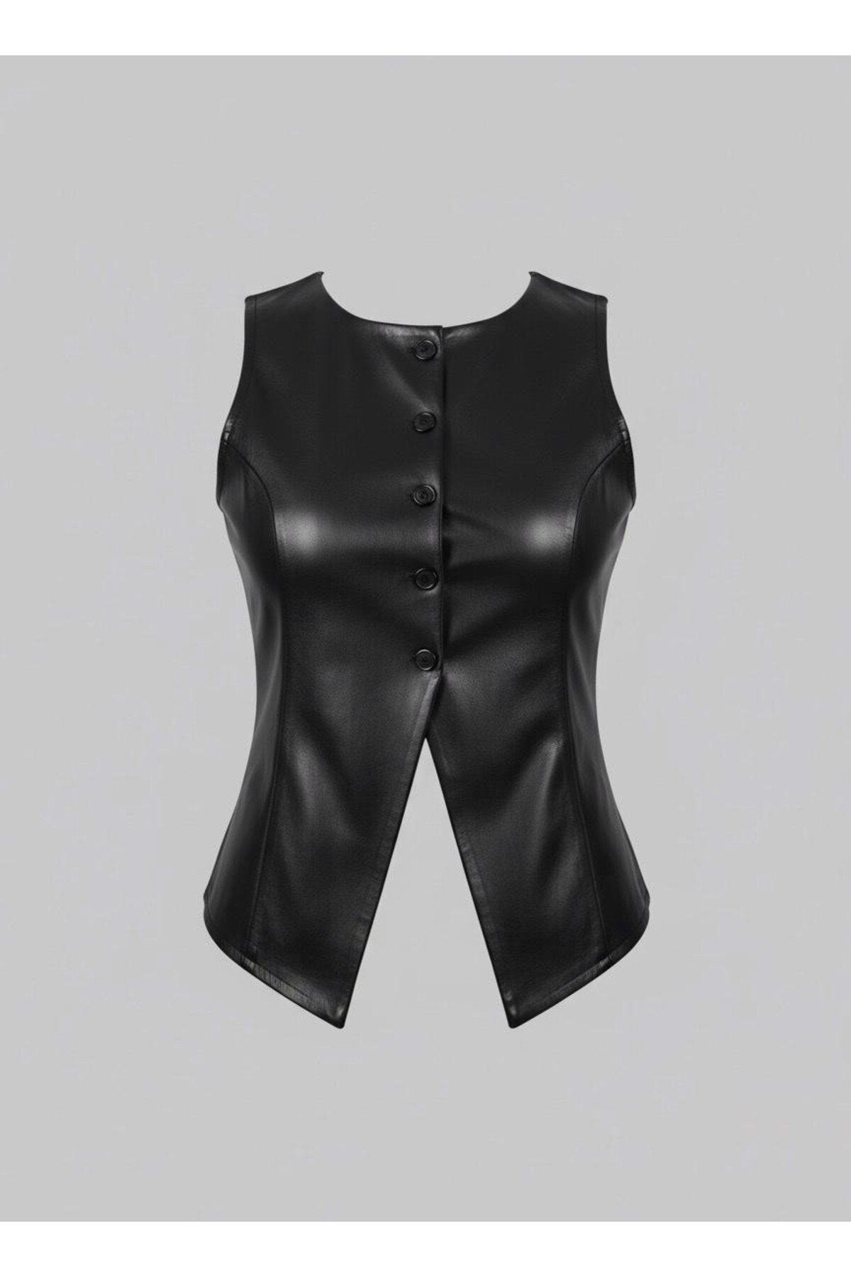 Siyah Vücuda Oturan Düğmeli Suni Deri Yelek