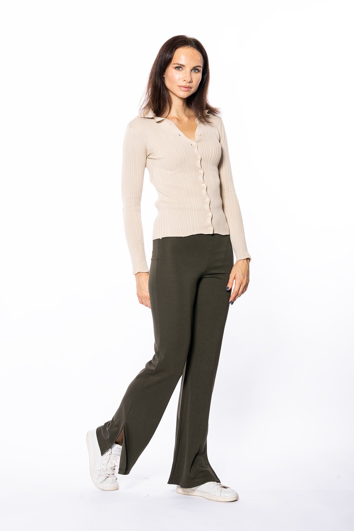 Bej Yüksek Bel Yan Yırtmaçlı Ispanyol Paça Toparlayıcı Tayt