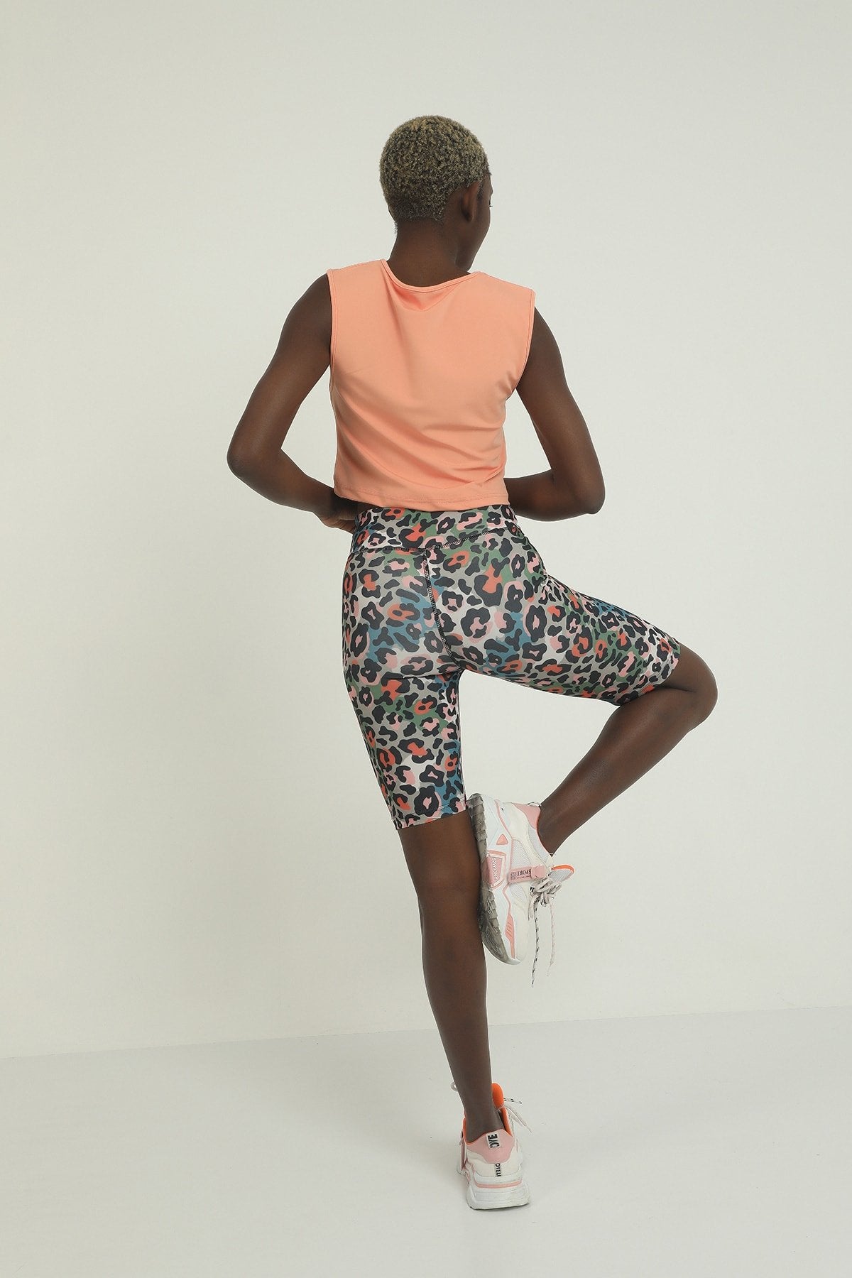 Turuncu Mixed Desen Dijital Baskılı Yüksek Bel Toparlayıcı Biker Tayt