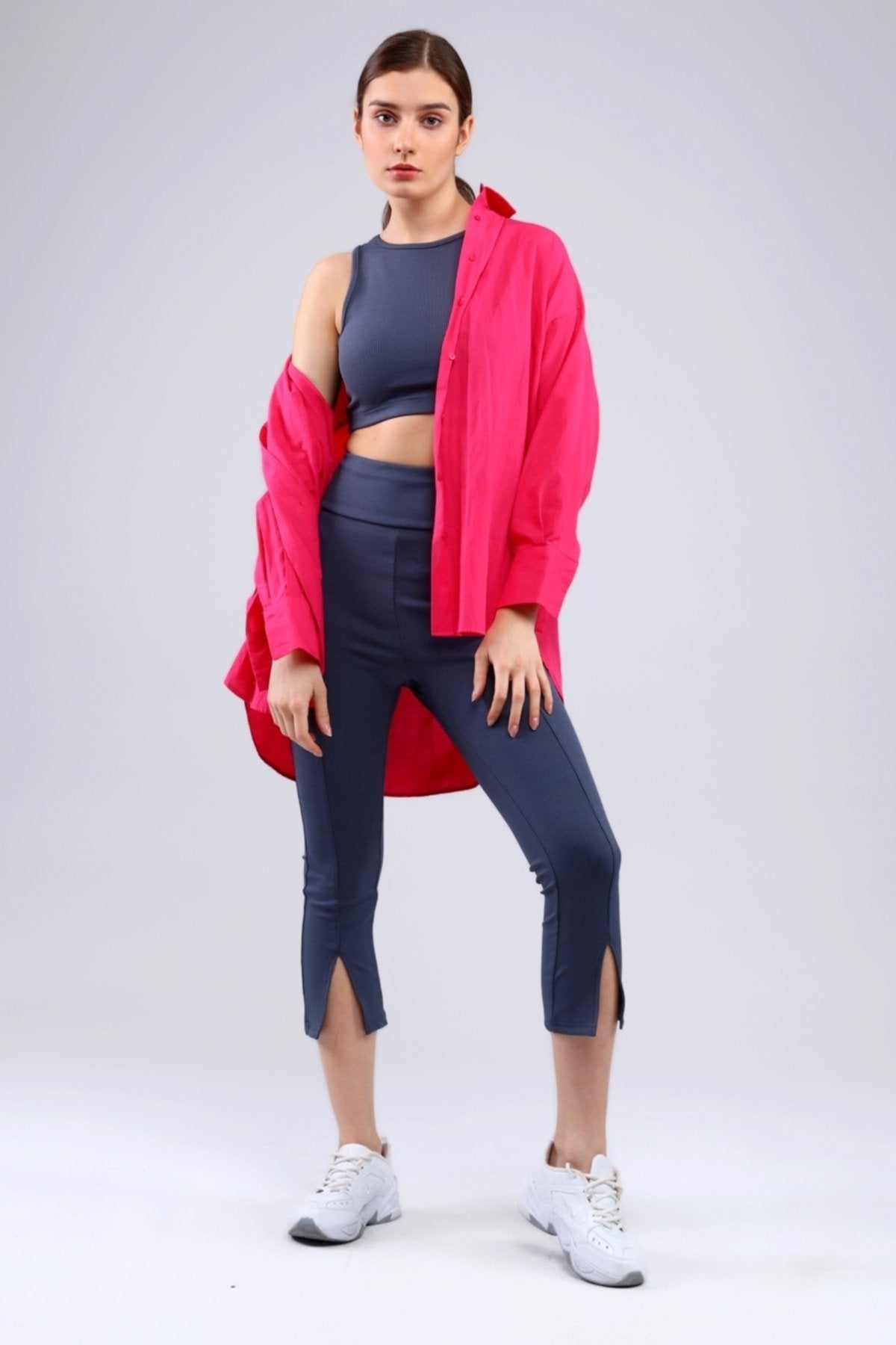 Lacivert Fitilli Kısa Paça Ön Yırtmaçlı Yüksek Bel Toparlayıcı Tayt