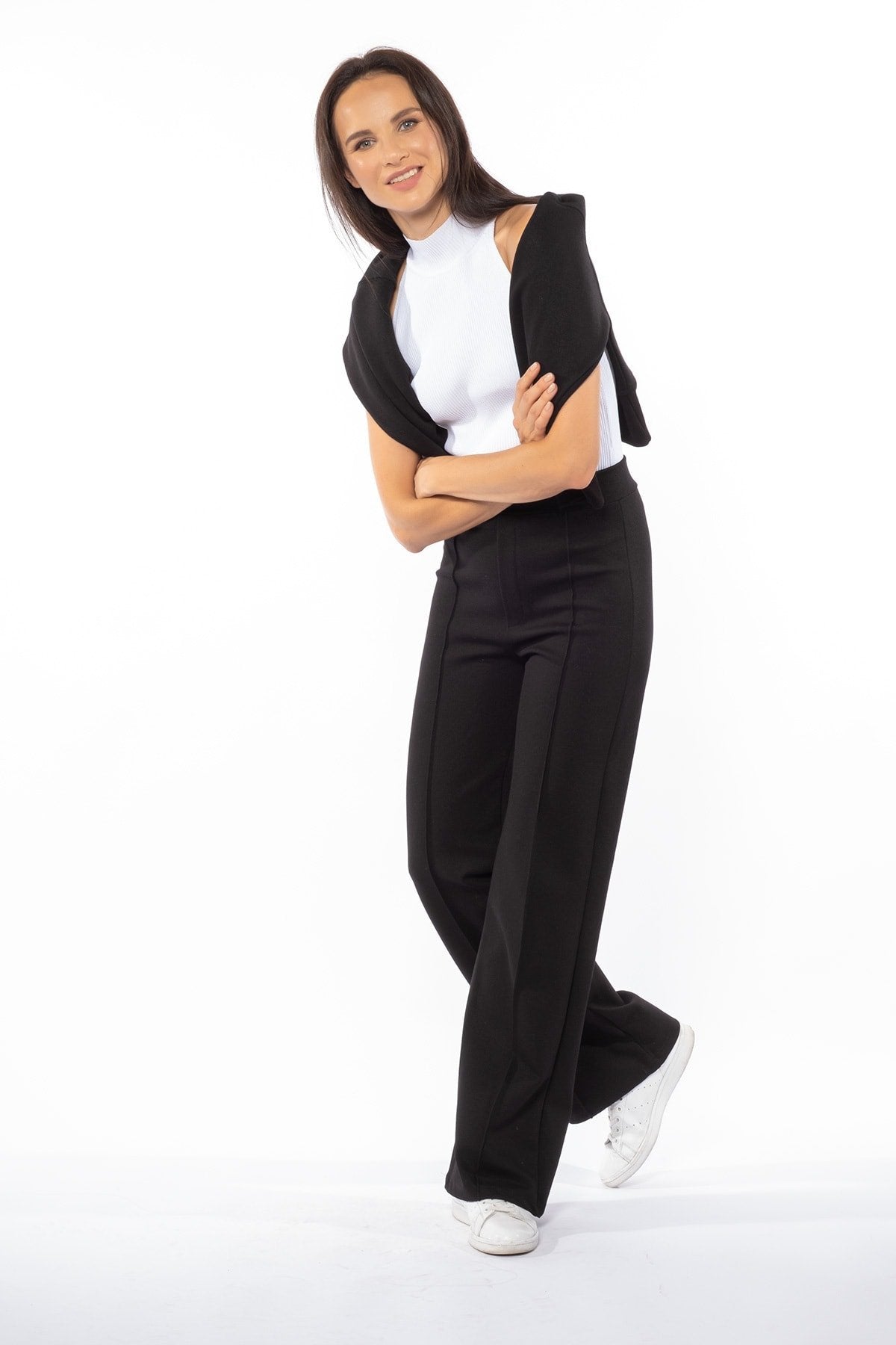 Siyah Çıma Detaylı Bol Paça Yüksek Bel Pantolon Tayt