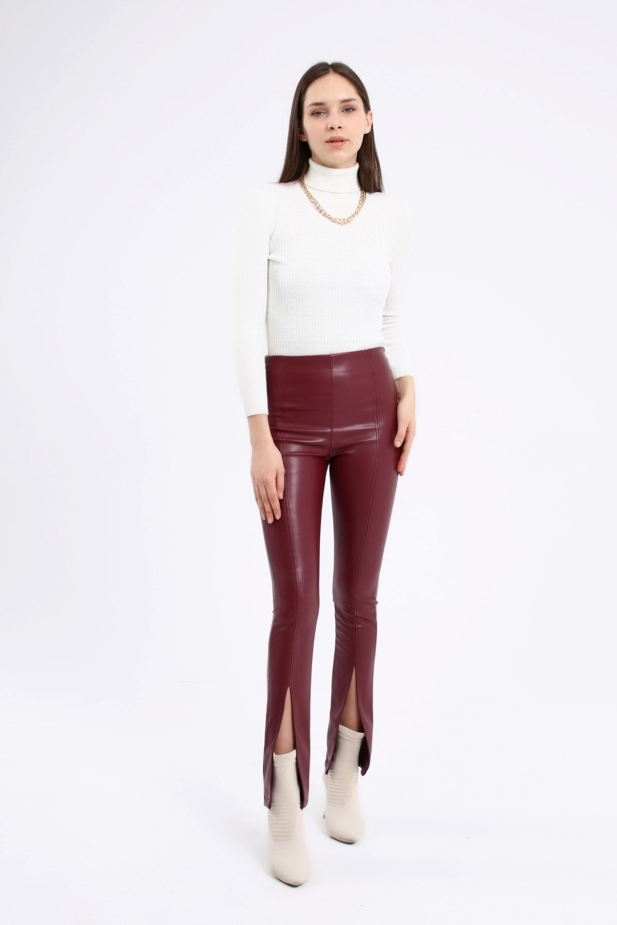 Önü Yırtmaçlı Çıma Dikişli Kalın Şardonlu Yüksek Bel Deri Pantolon Tayt