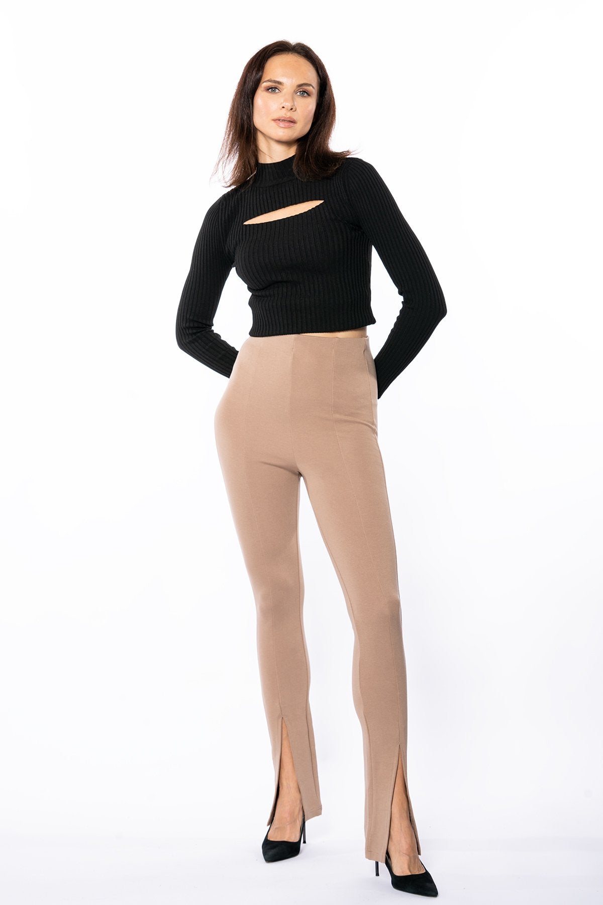 Bej Yüksek Bel Önü Yırtmaçlı Bol Paça Toparlayıcı Tayt