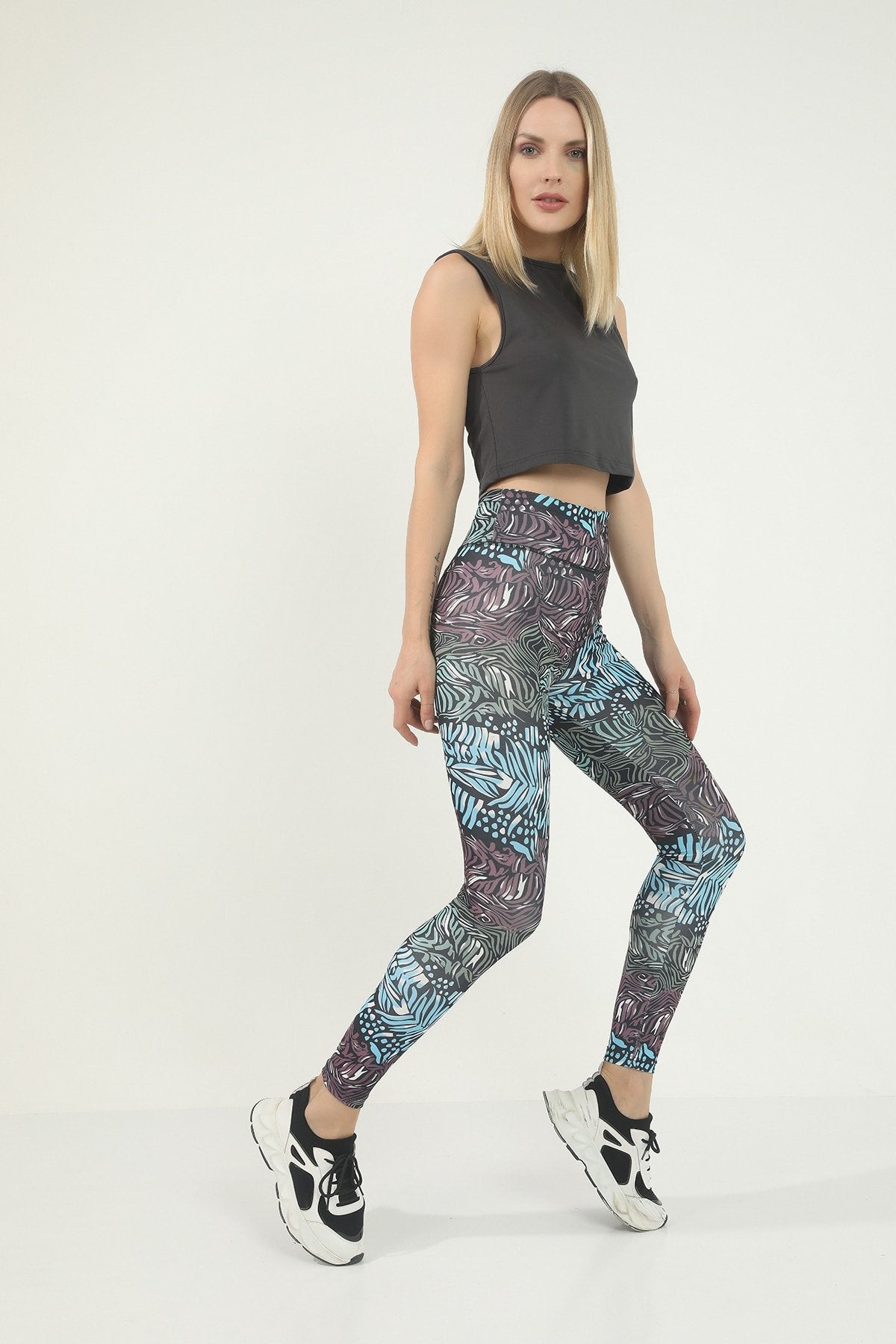 Sarı Leopar Desen Dijital Baskılı Yüksek Bel Toparlayıcı Tayt