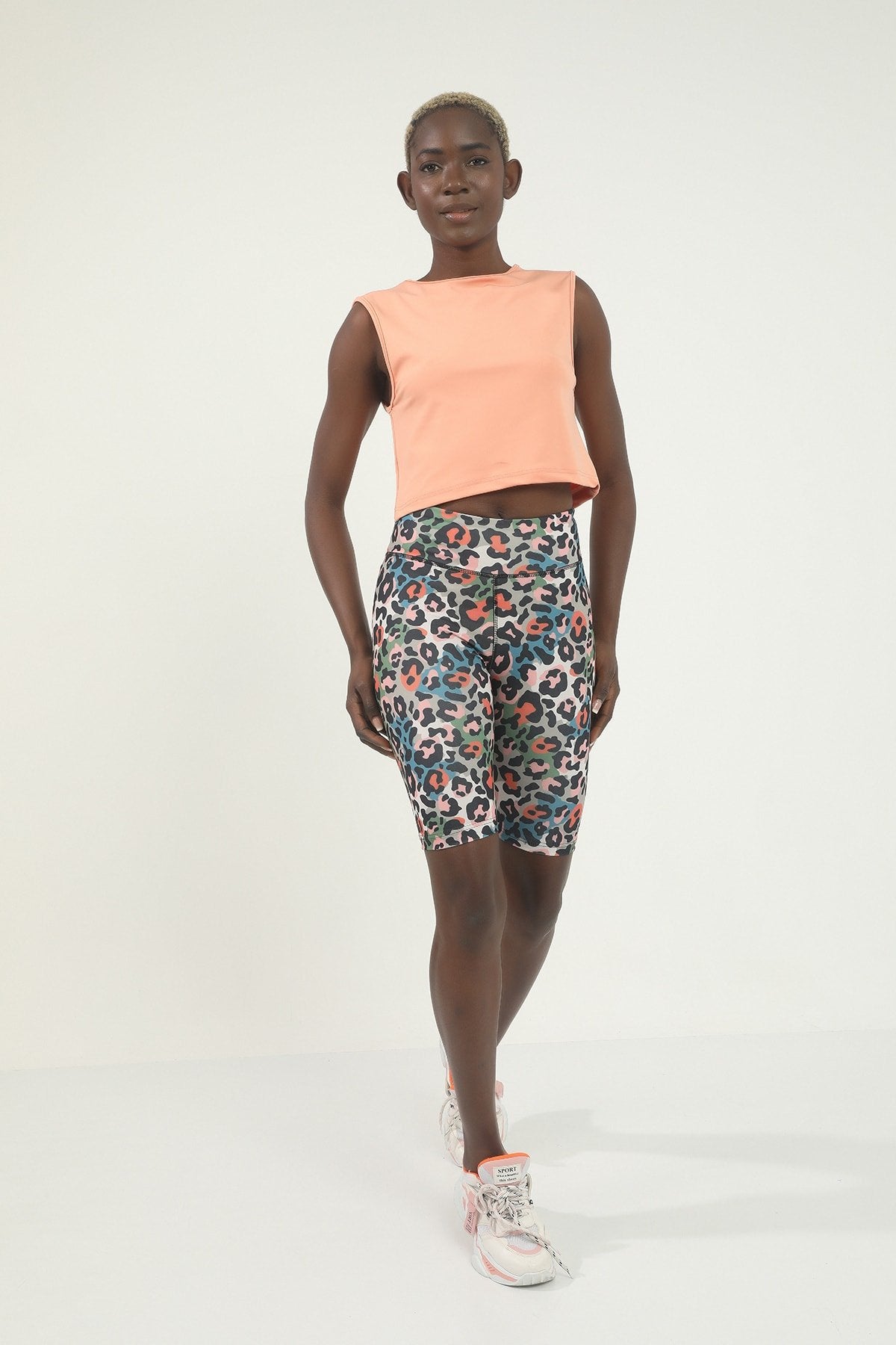 Turuncu Mixed Desen Dijital Baskılı Yüksek Bel Toparlayıcı Biker Tayt