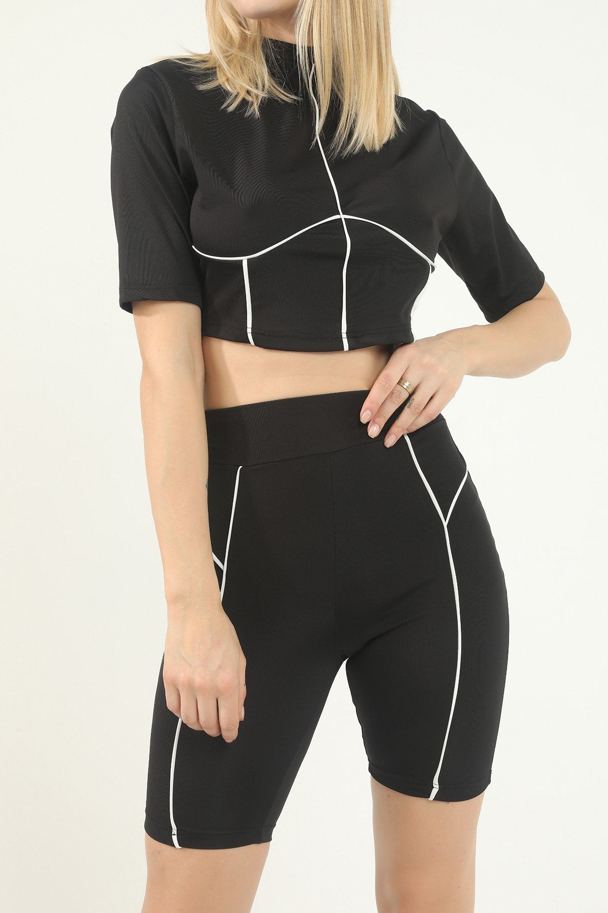 Kadın Gri Önde Lila Biye Detaylı Yüksek Bel Toparlayıcı Biker Tayt