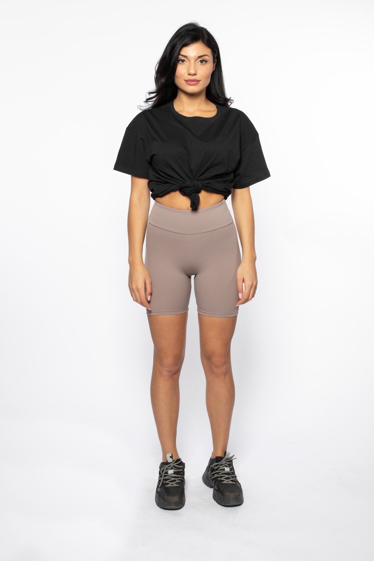 Siyah Fitilli Yüksek Bel Biker Tayt