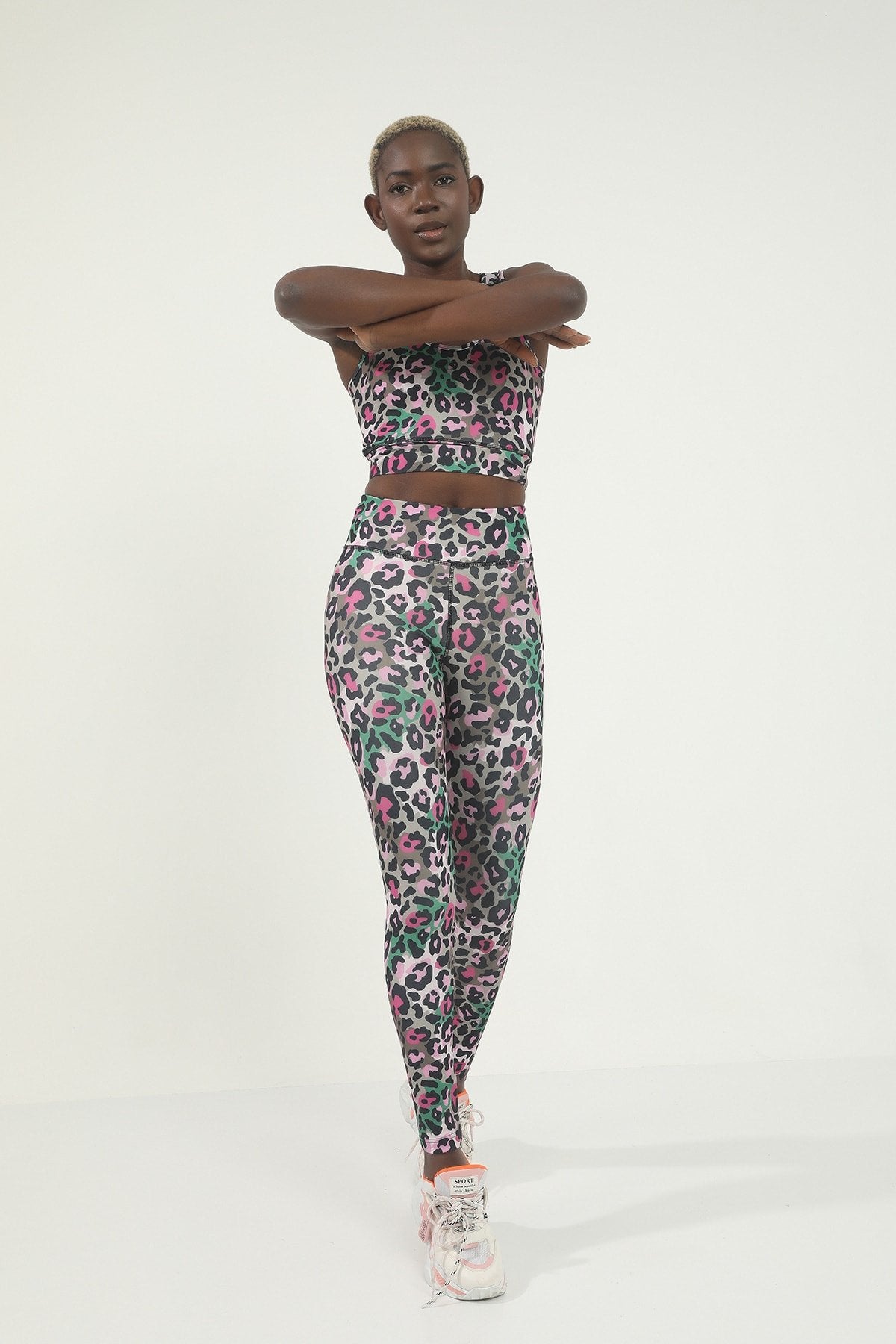 Sarı Leopar Desen Dijital Baskılı Yüksek Bel Toparlayıcı Tayt