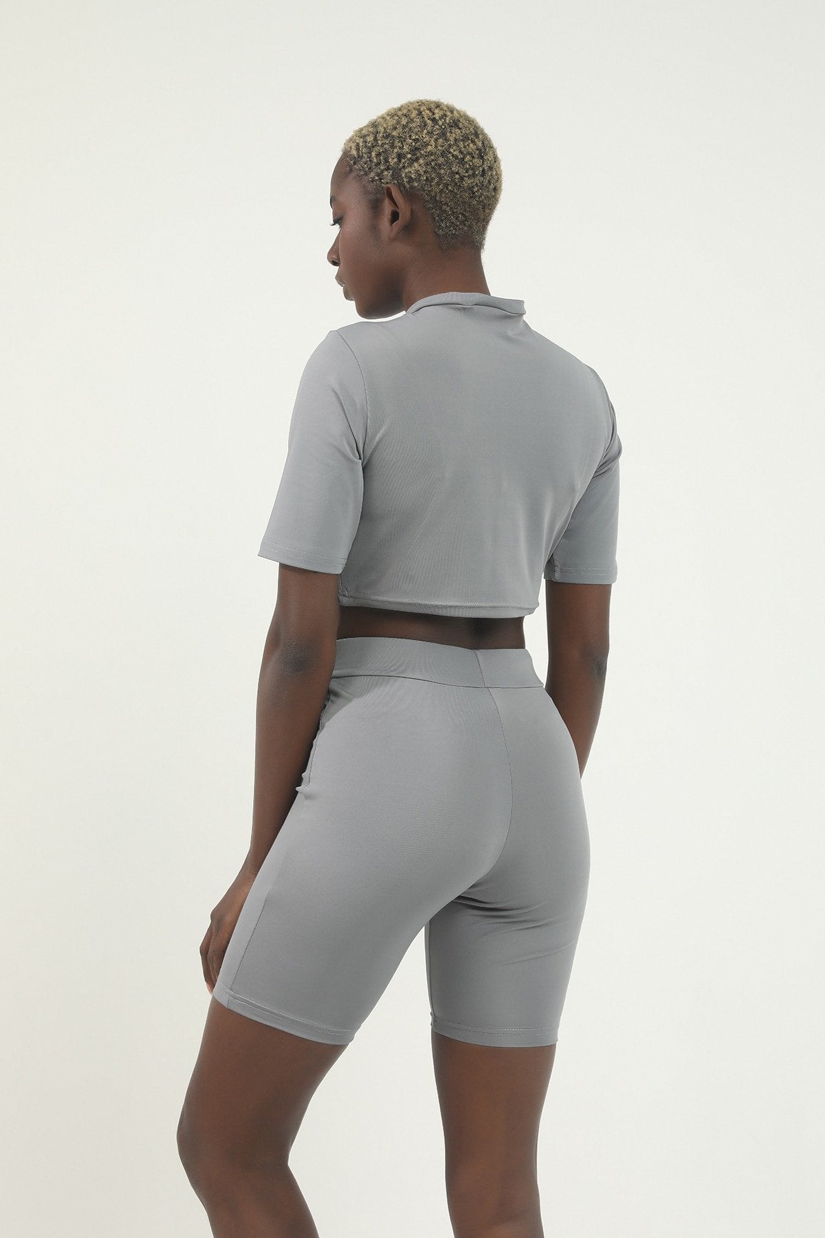 Kadın Gri Önde Lila Biye Detaylı Yüksek Bel Toparlayıcı Biker Tayt