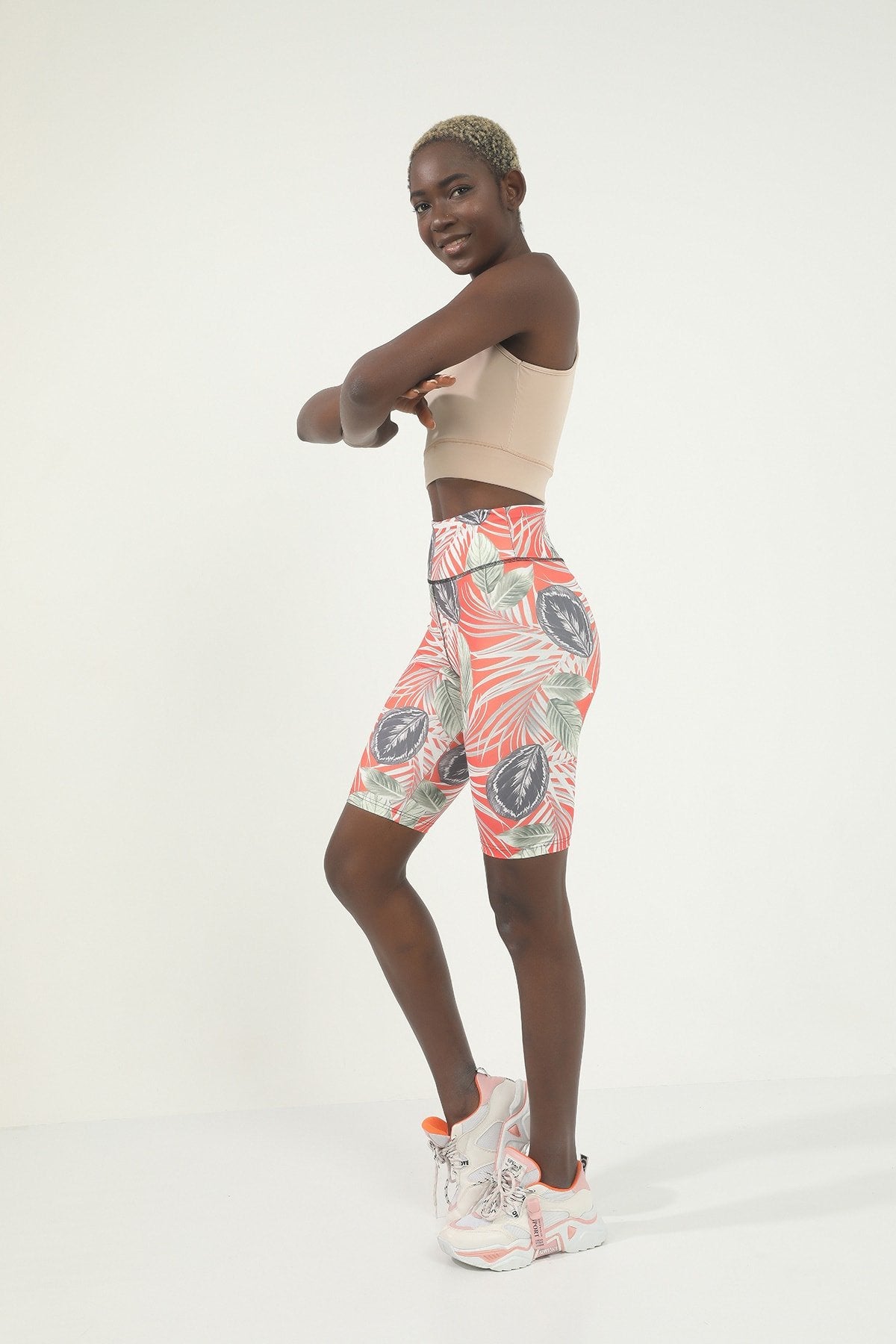 Turuncu Mixed Desen Dijital Baskılı Yüksek Bel Toparlayıcı Biker Tayt