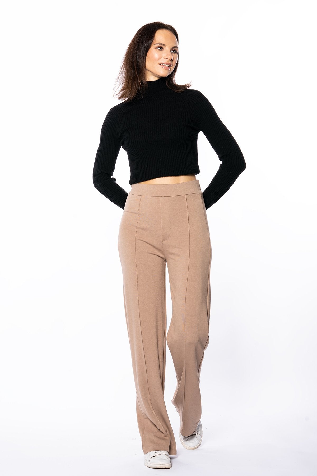 Siyah Çıma Detaylı Bol Paça Yüksek Bel Pantolon Tayt