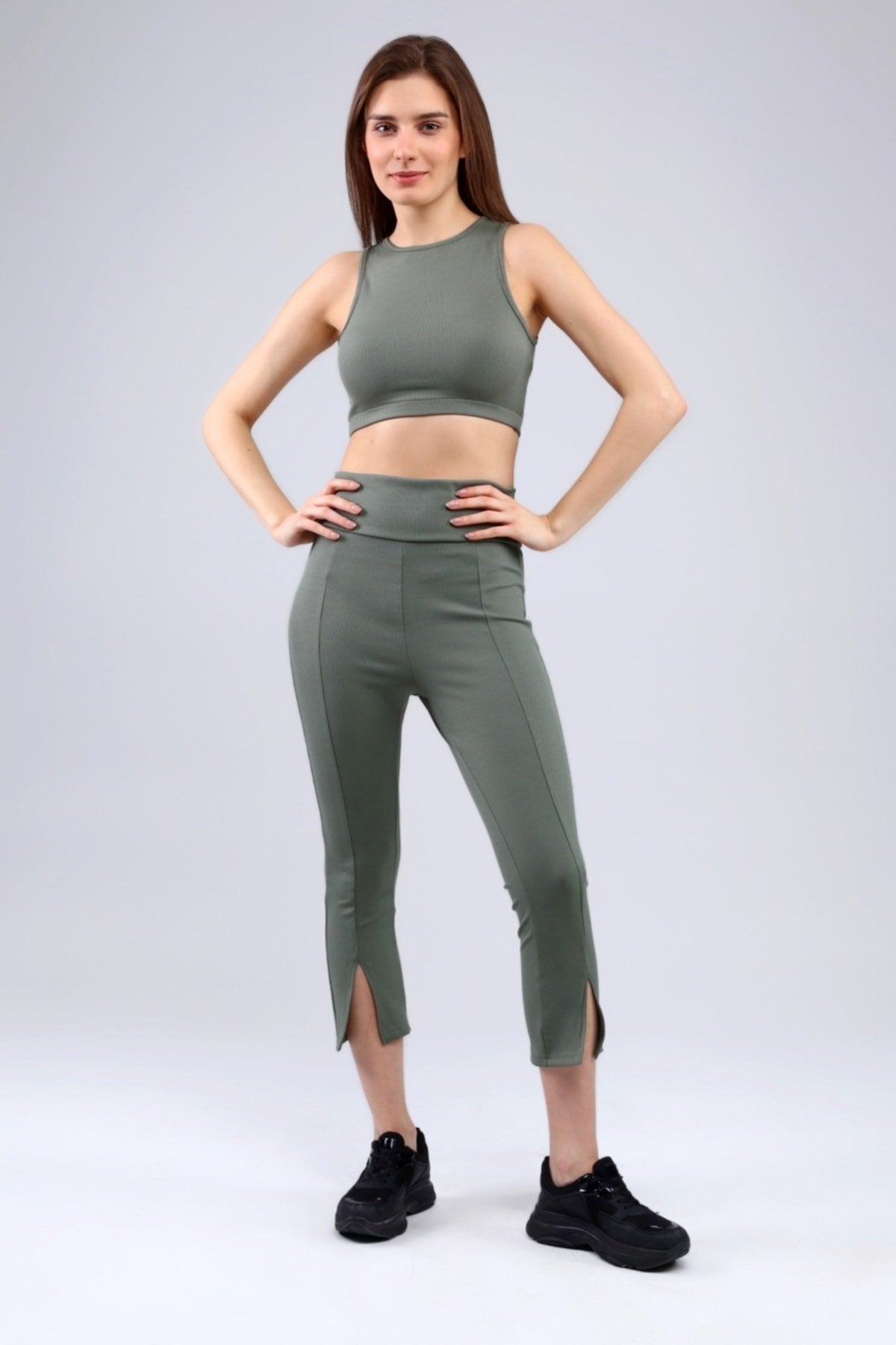 Lacivert Fitilli Kısa Paça Ön Yırtmaçlı Yüksek Bel Toparlayıcı Tayt