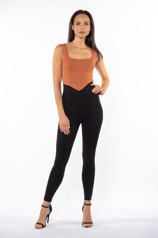 Siyah Kemeri V Detaylı Yüksek Bel Toparlayıcı Kışlık Örme Tayt