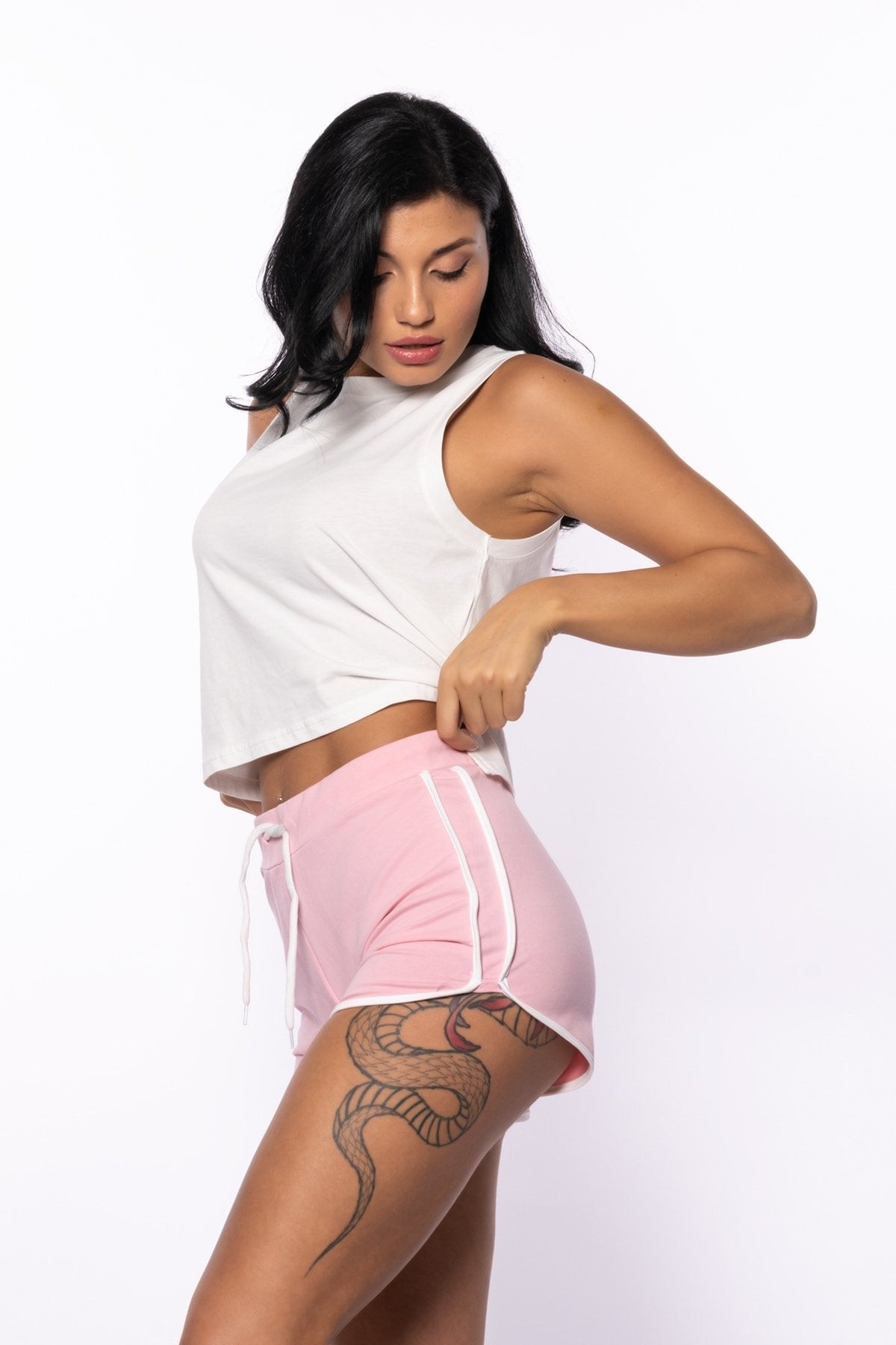 Lila Iki Iplik Şeritli Mini Şort