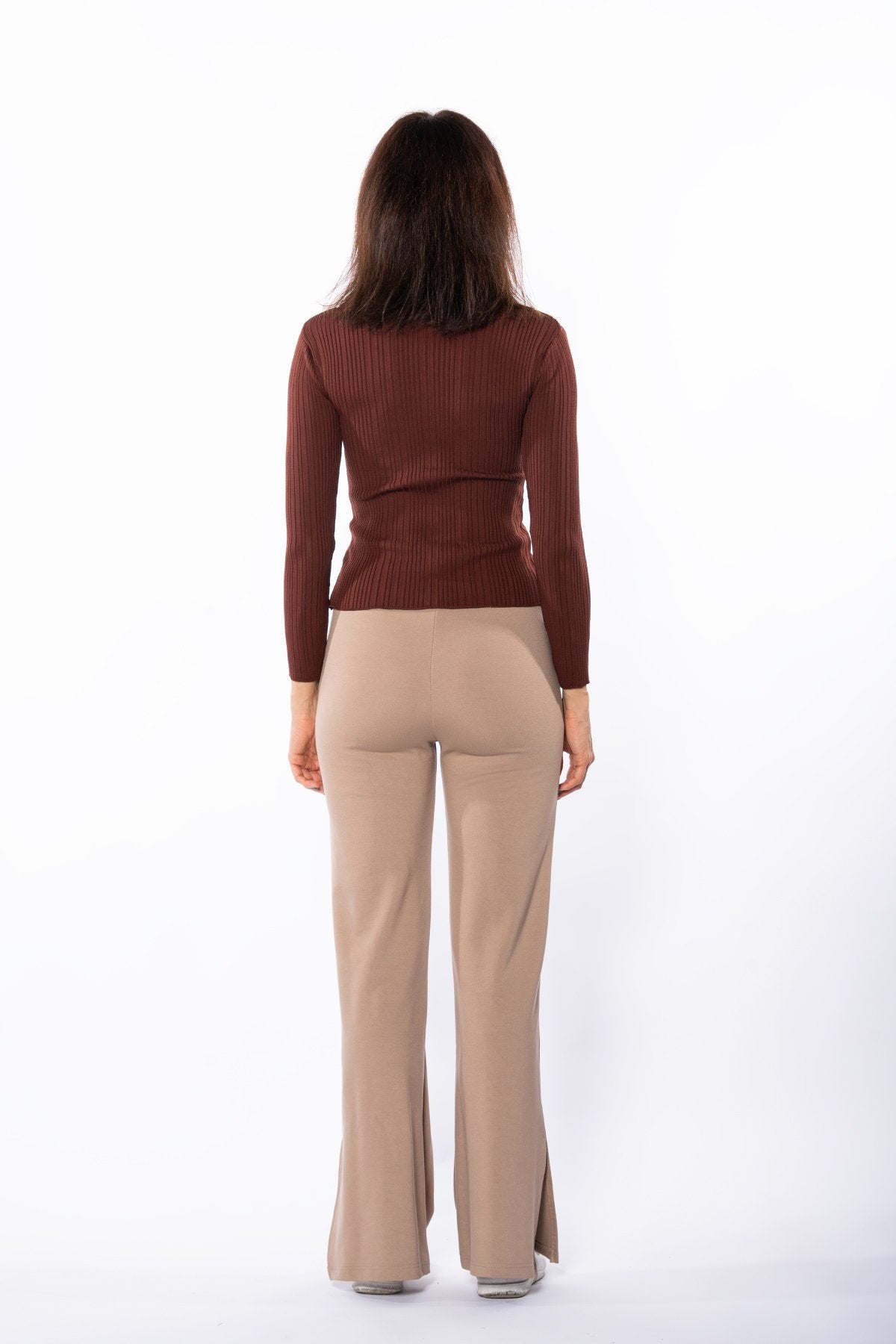 Bej Yüksek Bel Yan Yırtmaçlı Ispanyol Paça Toparlayıcı Tayt