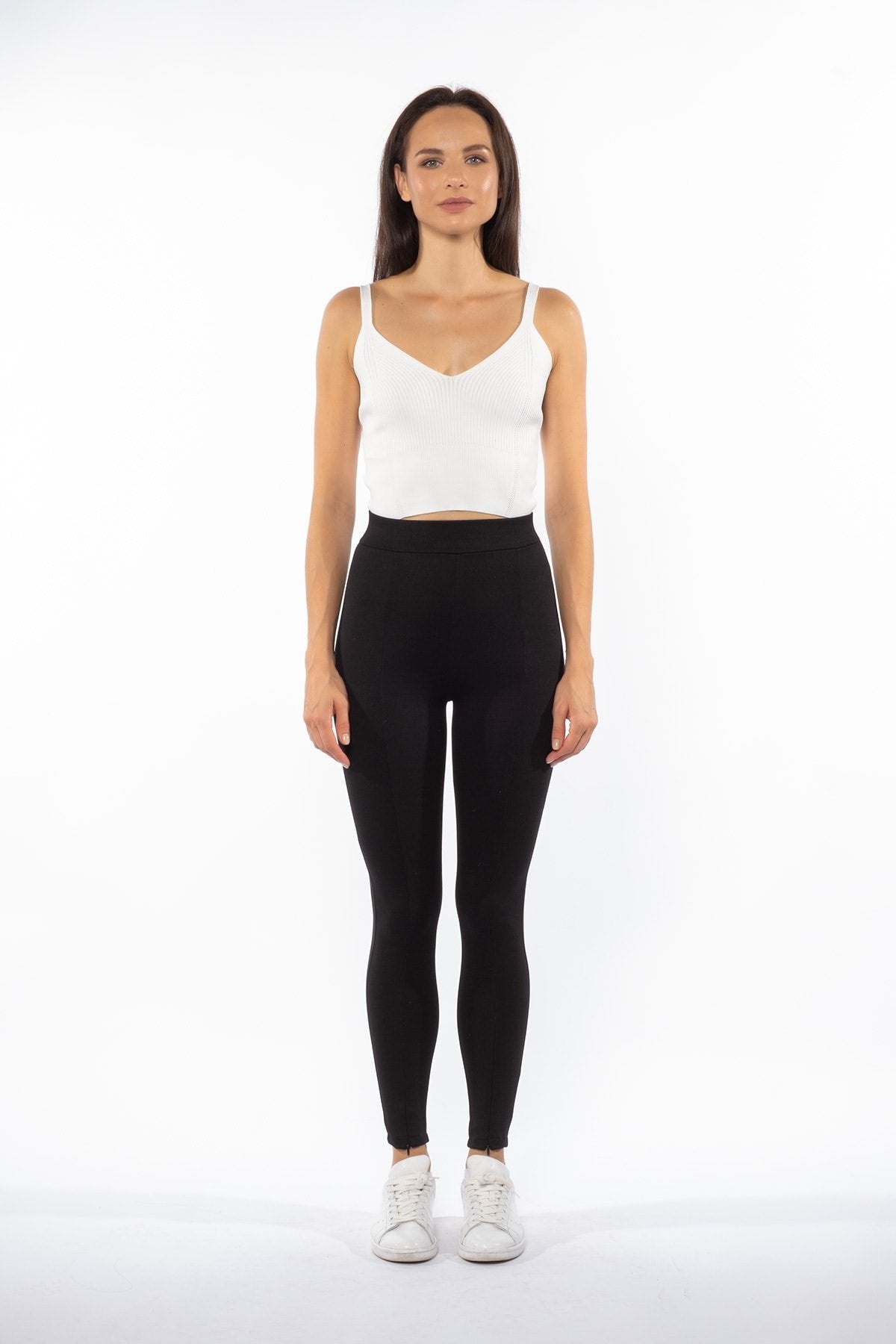 Siyah Ön Paça Gizli Fermuar Detaylı Yüksek Bel Toparlayıcı Kışlık Tayt