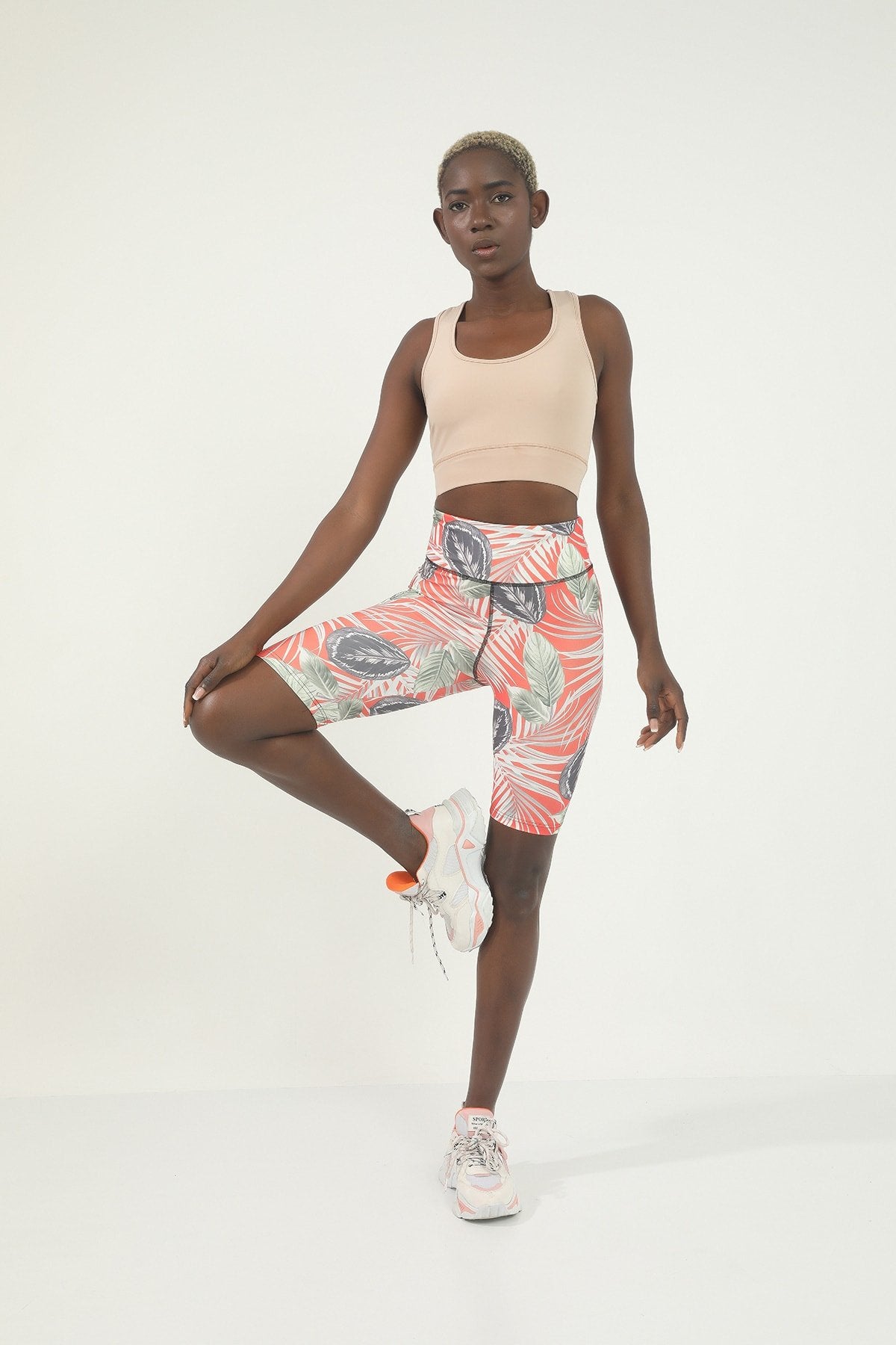 Turuncu Mixed Desen Dijital Baskılı Yüksek Bel Toparlayıcı Biker Tayt