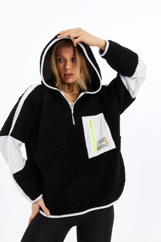 Peluş Renk Bloklu Oversize Paraşüt Kumaş Detaylı Örme Spor Sweatshirt