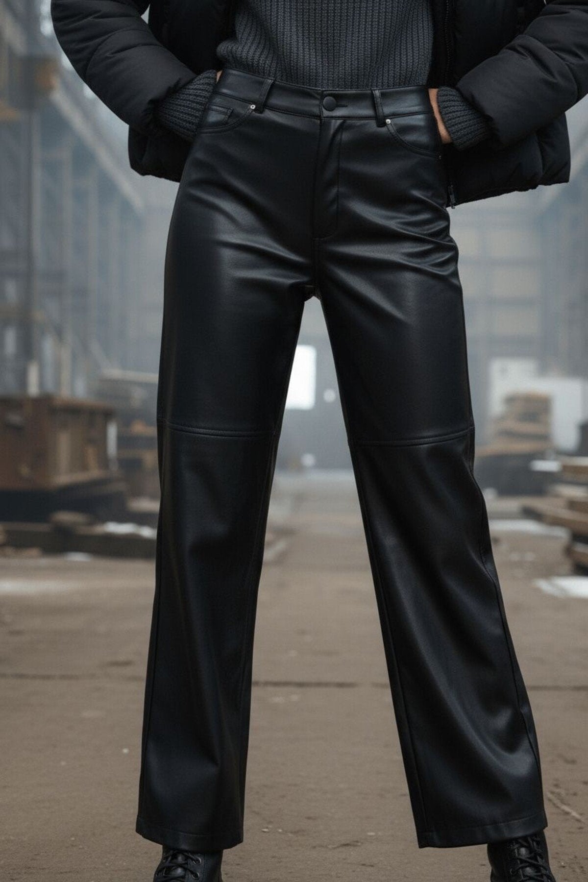 Relaxed Boru Paça Dikiş Detaylı Deri Pantolon