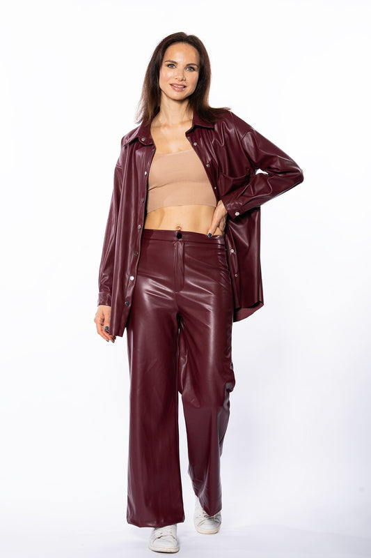 Bol Paça Cep Detaylı Deri Pantolon