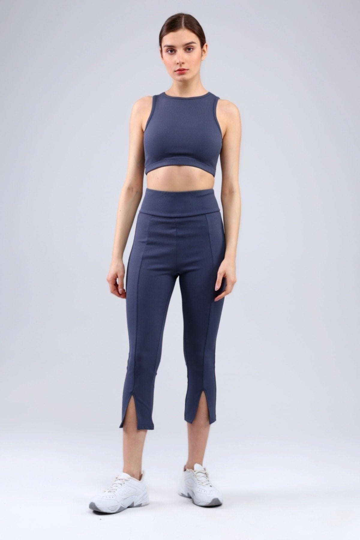 Lacivert Fitilli Kısa Paça Ön Yırtmaçlı Yüksek Bel Toparlayıcı Tayt