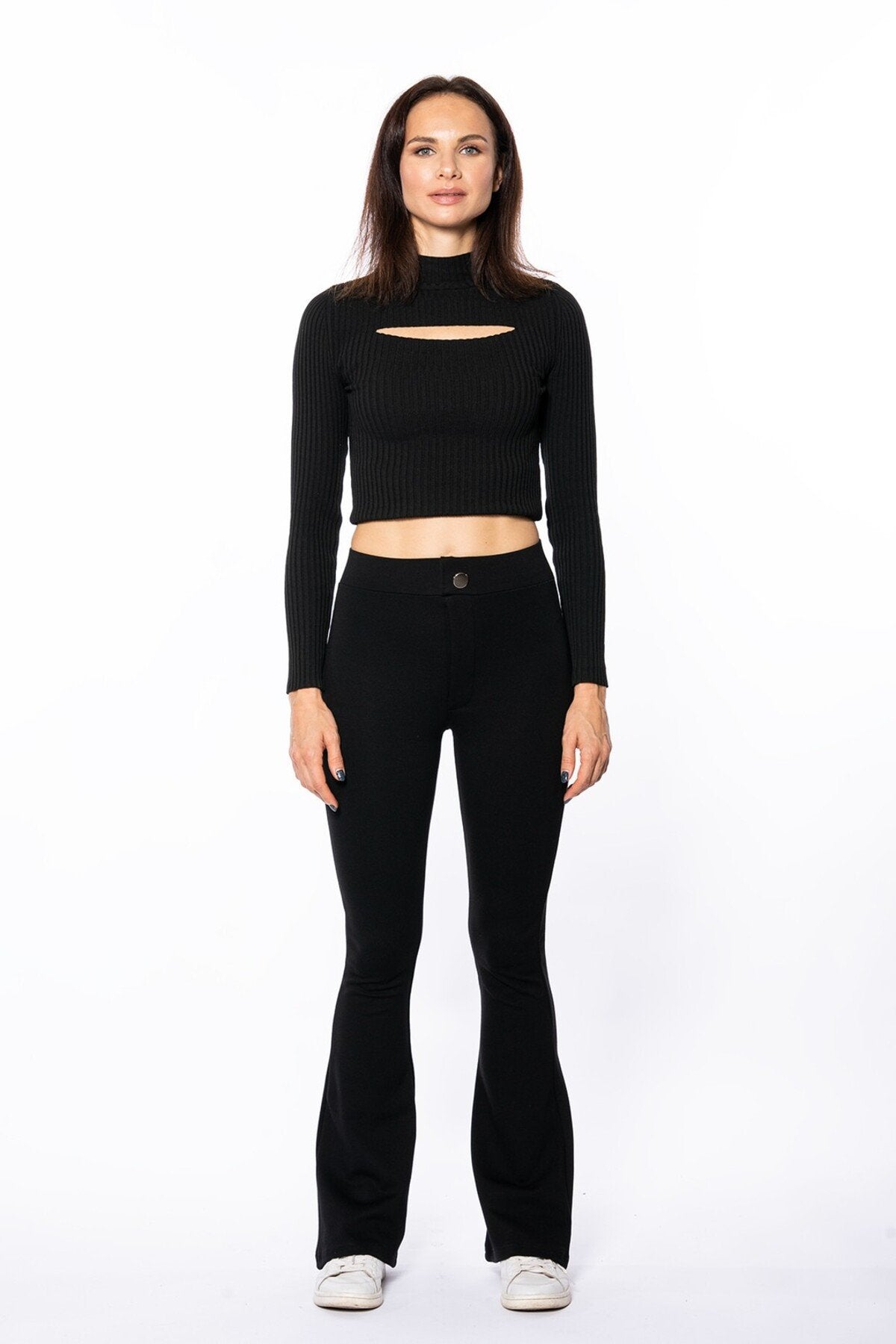 Siyah Düğme Detaylı Yüksek Bel Flare İnterlok Örme Tayt Pantolon
