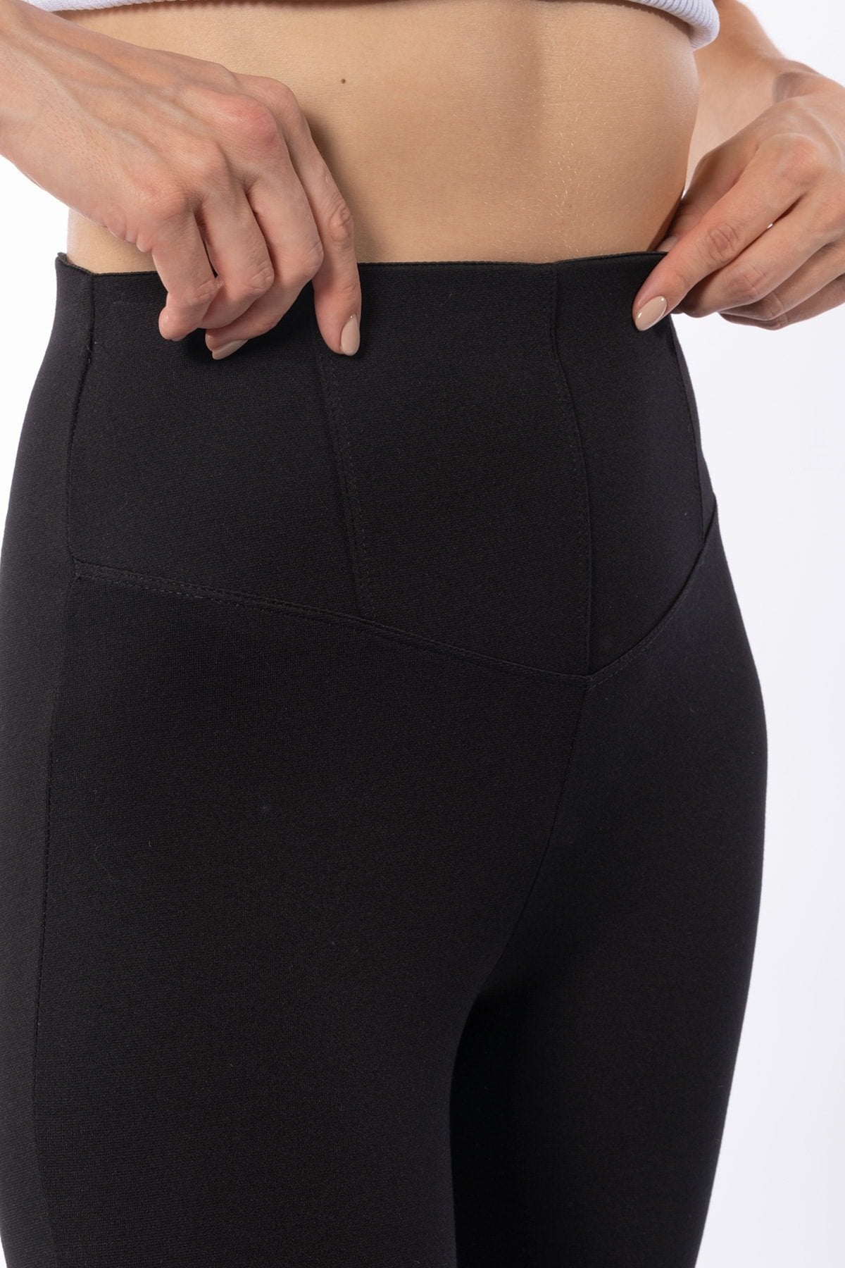 Siyah Kemeri Dikiş Detaylı Yüksek Bel Kışlık Örme Toparlayıcı Tayt