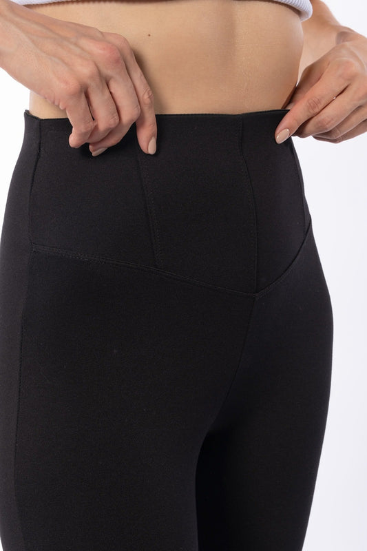 Siyah Kemeri Dikiş Detaylı Yüksek Bel Kışlık Örme Toparlayıcı Tayt